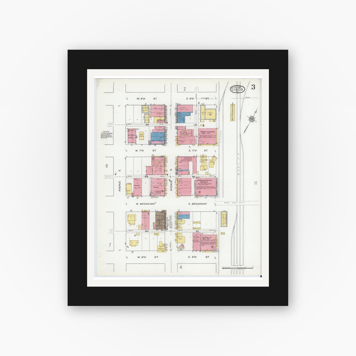 Old map wall art mockup — black gallery frame with white mat — Sanborn Fire Insurance Map from Cisco, Eastland County, Texas (1920), Sheet #0003