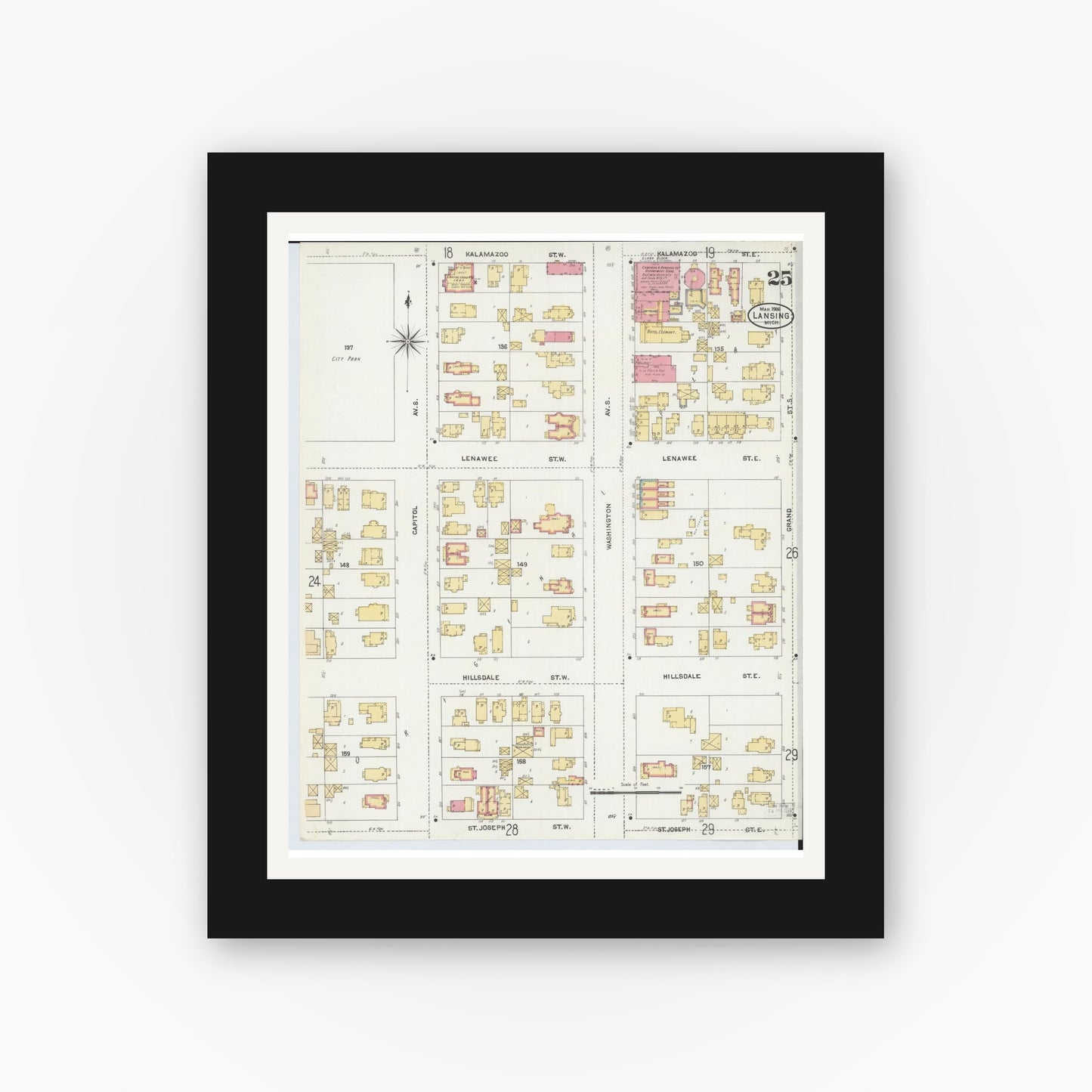 Old map wall art mockup — black gallery frame with white mat — Sanborn Fire Insurance Map from Lansing, Ingham County, Michigan (1906), Sheet #0025