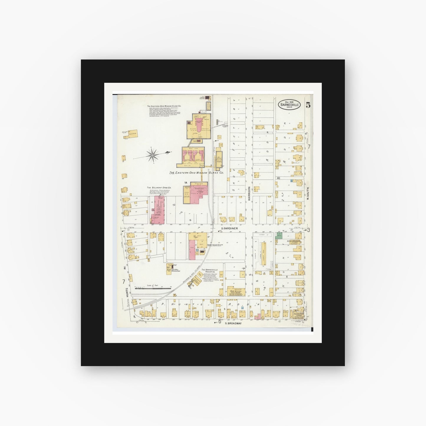 Old map wall art mockup — black gallery frame with white mat — Sanborn Fire Insurance Map from Barnesville, Belmont County, Ohio (1908), Sheet #0005