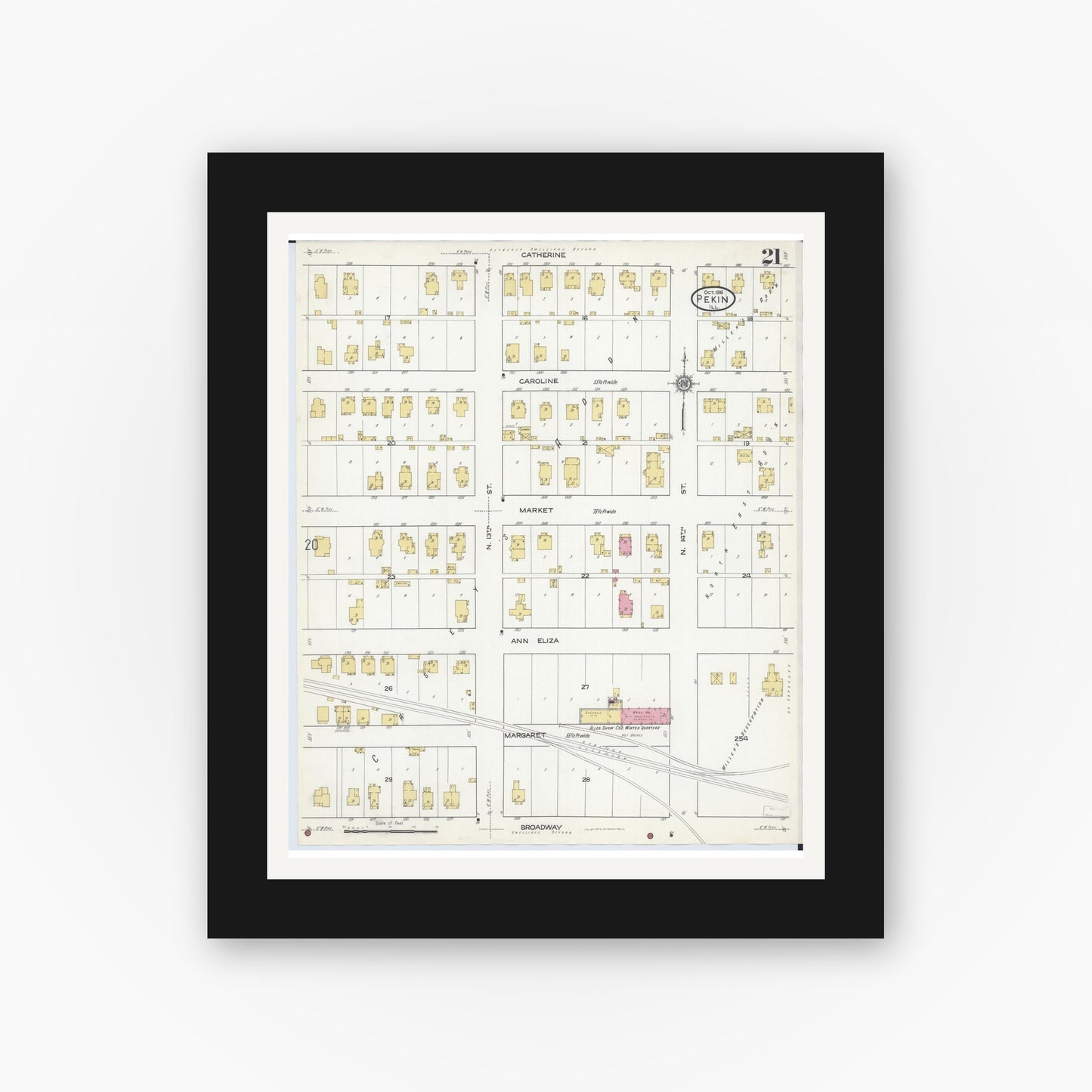 Old map wall art mockup — black gallery frame with white mat — Sanborn Fire Insurance Map from Pekin, Tazewell County, Illinois (1916), Sheet #0021