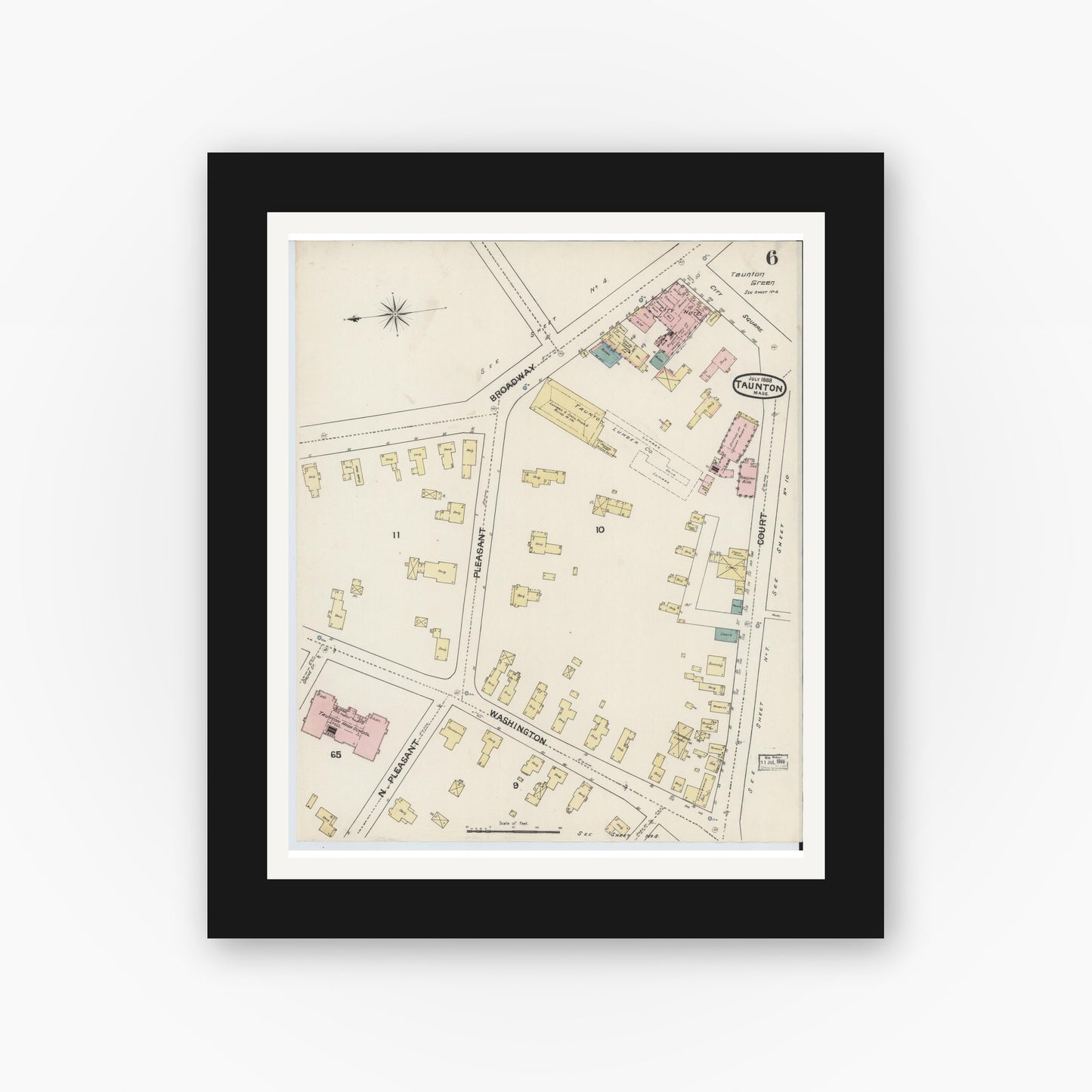 Old map wall art mockup — black gallery frame with white mat — Sanborn Fire Insurance Map from Taunton, Bristol County, Massachusetts (1888), Sheet #0006