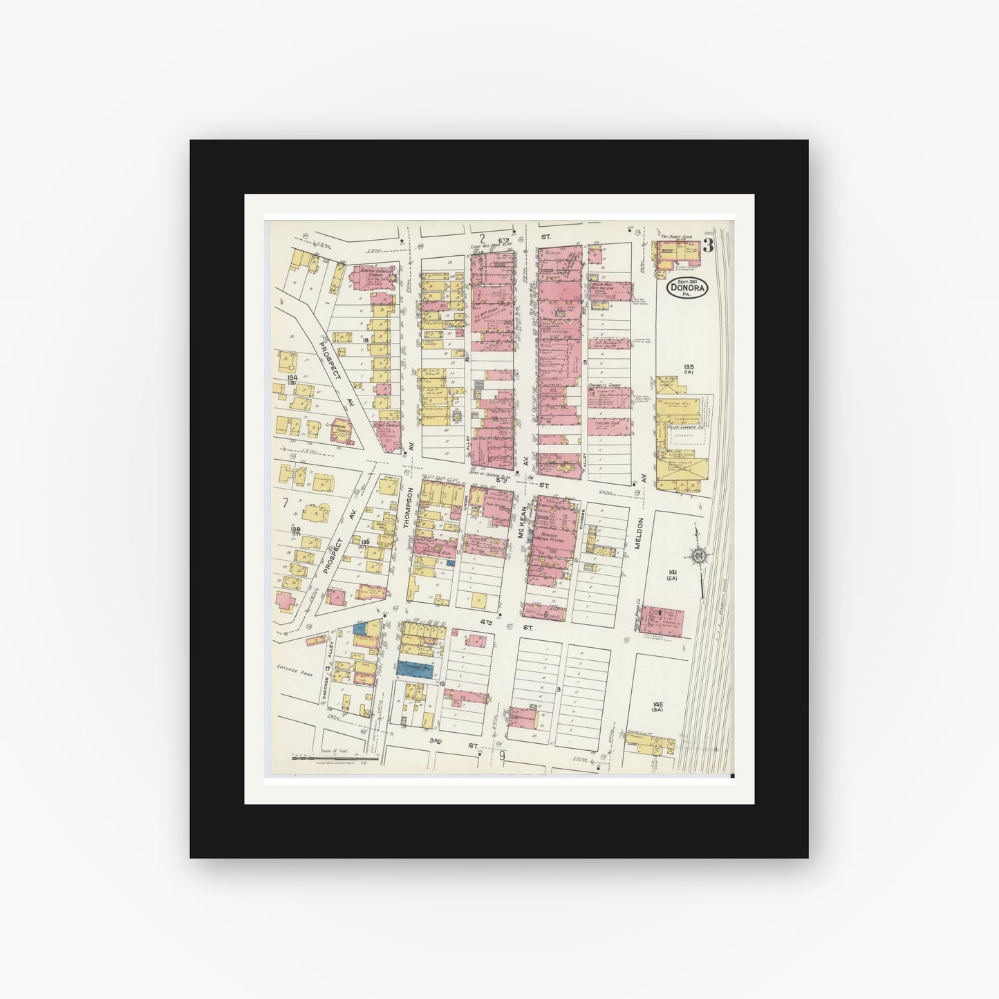 Old map wall art mockup — black gallery frame with white mat — Sanborn Fire Insurance Map from Donora, Washington County, Pennsylvania (1921), Sheet #0003