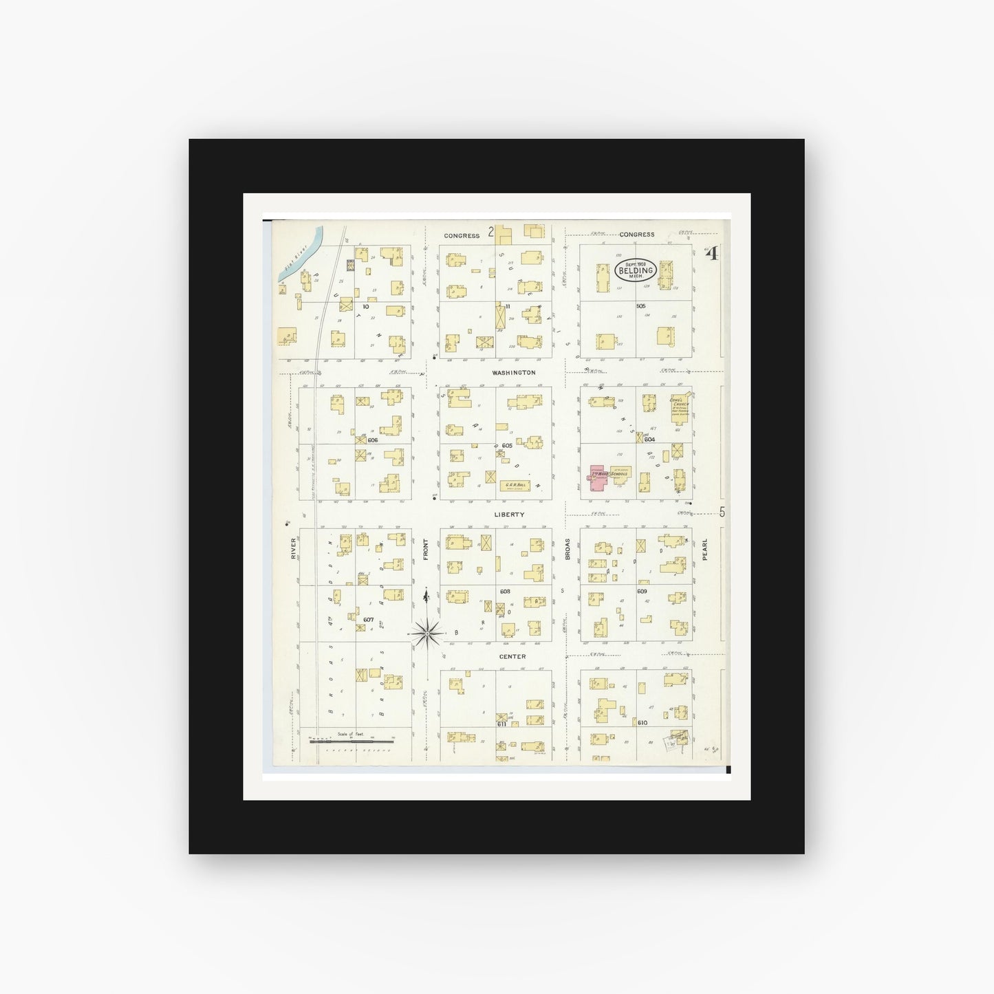 Old map wall art mockup — black gallery frame with white mat — Sanborn Fire Insurance Map from Belding, Ionia County, Michigan (1908), Sheet #0004