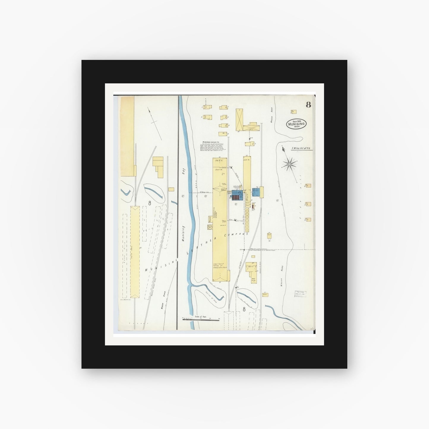Old map wall art mockup — black gallery frame with white mat — Sanborn Fire Insurance Map from Munising, Alger County, Michigan (1906), Sheet #0008