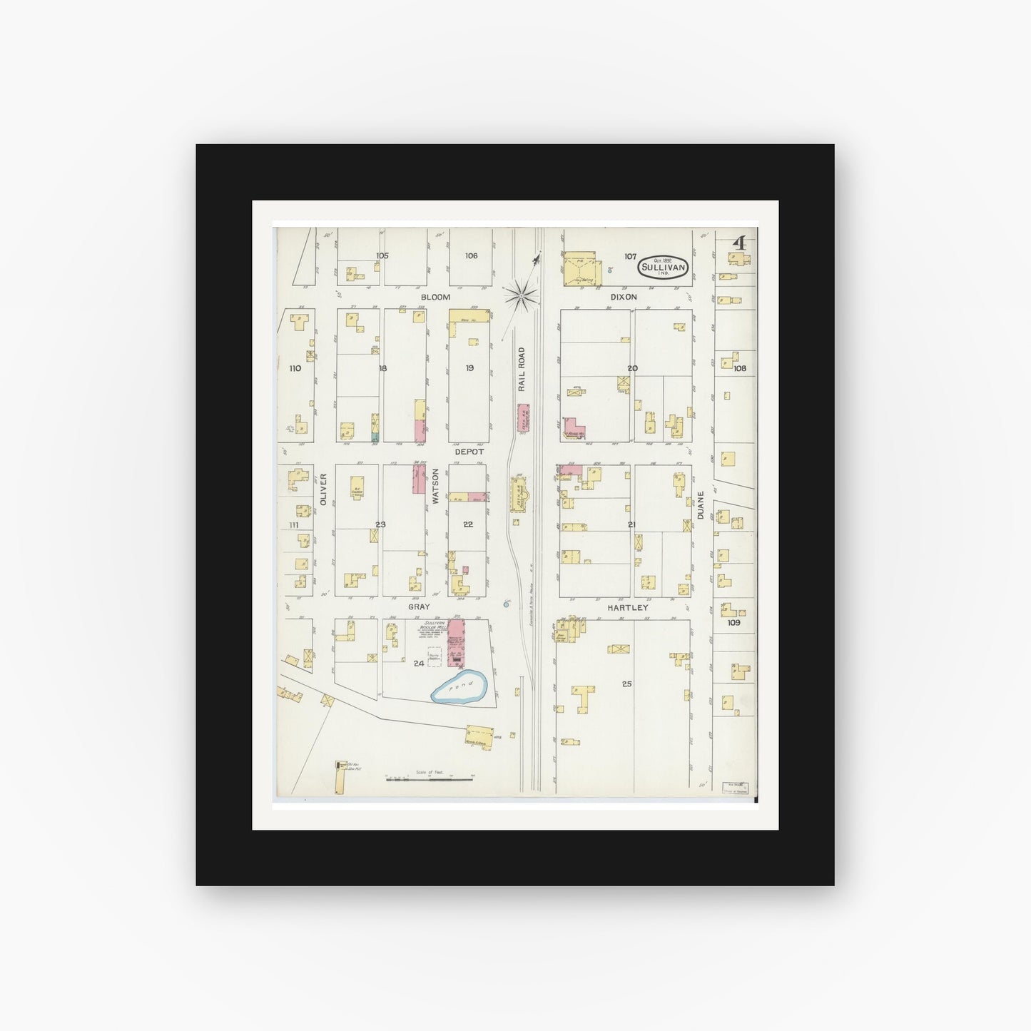 Old map wall art mockup — black gallery frame with white mat — Sanborn Fire Insurance Map from Sullivan, Sullivan County, Indiana (1892), Sheet #0004