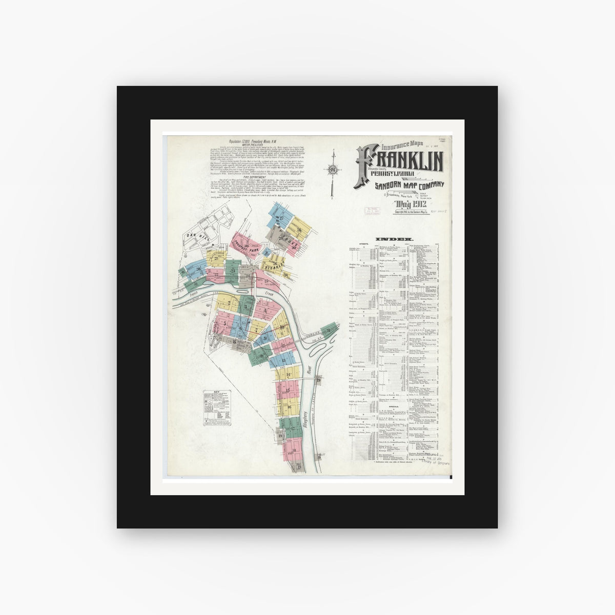 Old map wall art mockup — black gallery frame with white mat — Sanborn Fire Insurance Map from Franklin, Venango County, Pennsylvania (1912), Sheet #0001
