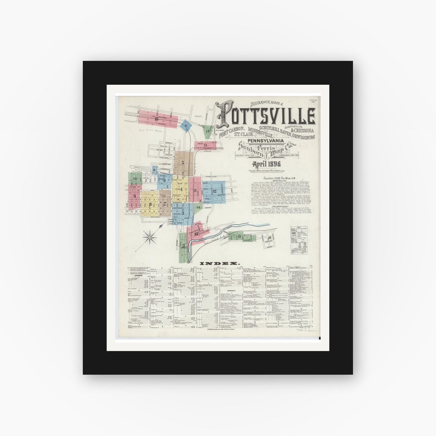 Old map wall art mockup — black gallery frame with white mat — Sanborn Fire Insurance Map from Pottsville, Schuylkill County, Pennsylvania (1895), Sheet #0001