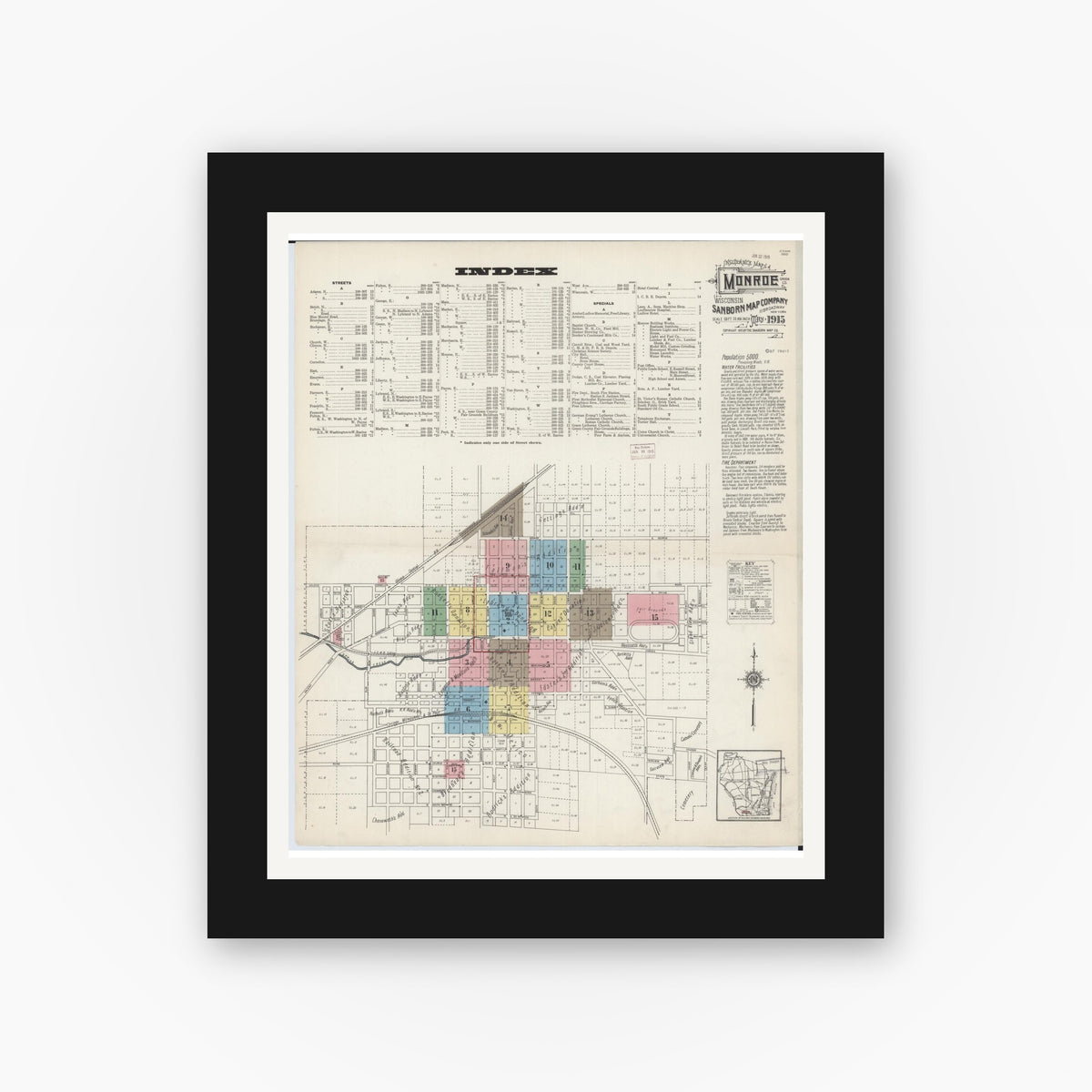Old map wall art mockup — black gallery frame with white mat — Sanborn Fire Insurance Map from Monroe, Green County, Wisconsin (1915) - Complete Map Set