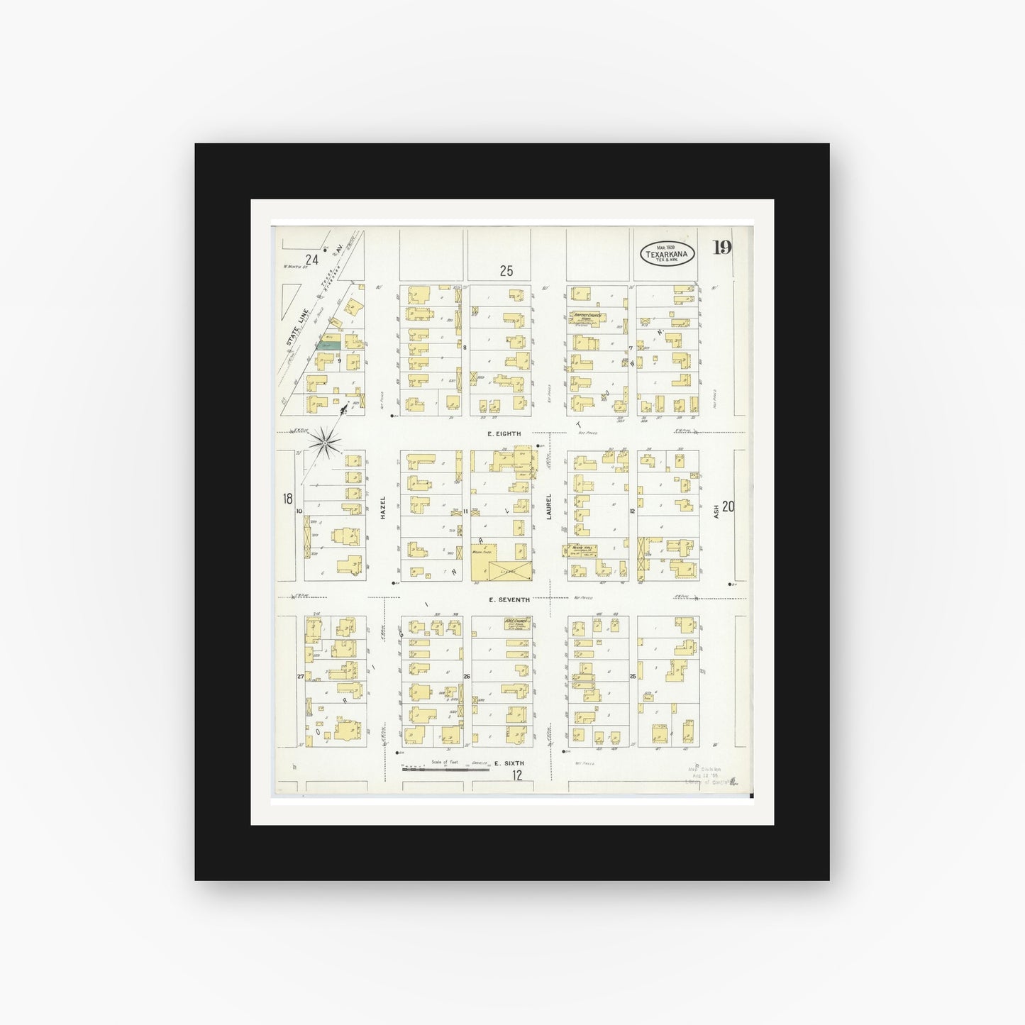 Old map wall art mockup — black gallery frame with white mat — Sanborn Fire Insurance Map from Texarkana, Bowie County, Texas (1909), Sheet #0019