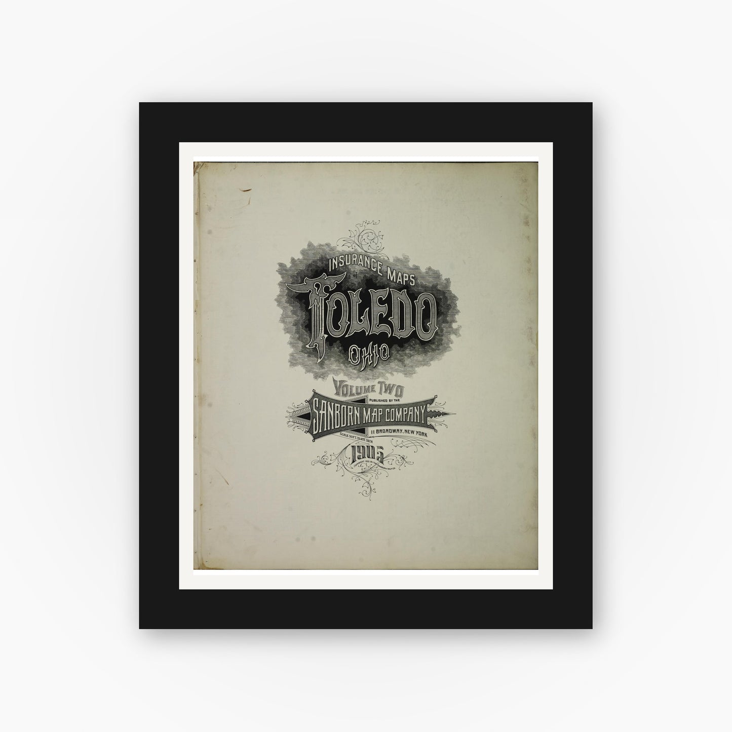 Old map wall art mockup — black gallery frame with white mat — Sanborn Fire Insurance Map from Toledo, Lucas County, Ohio (1905), Sheet #0001