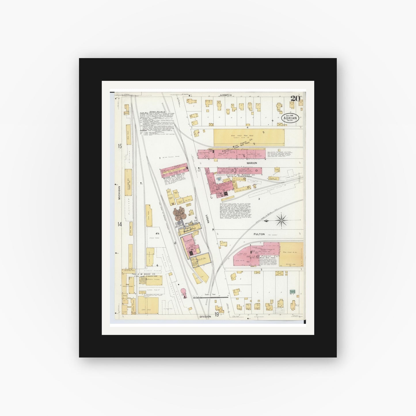 Old map wall art mockup — black gallery frame with white mat — Sanborn Fire Insurance Map from Adrian, Lenawee County, Michigan (1908), Sheet #0020