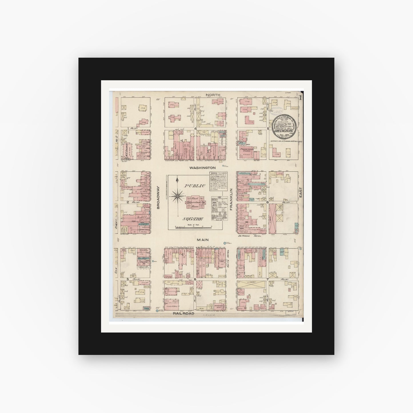 Old map wall art mockup — black gallery frame with white mat — Sanborn Fire Insurance Map from Greensburg, Decatur County, Indiana (1883) - Complete Map Set