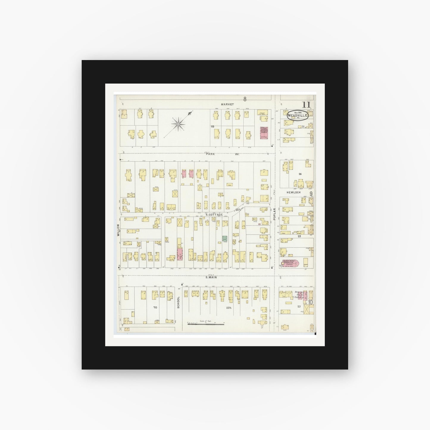 Old map wall art mockup — black gallery frame with white mat — Sanborn Fire Insurance Map from Meadville, Crawford County, Pennsylvania (1896), Sheet #0011