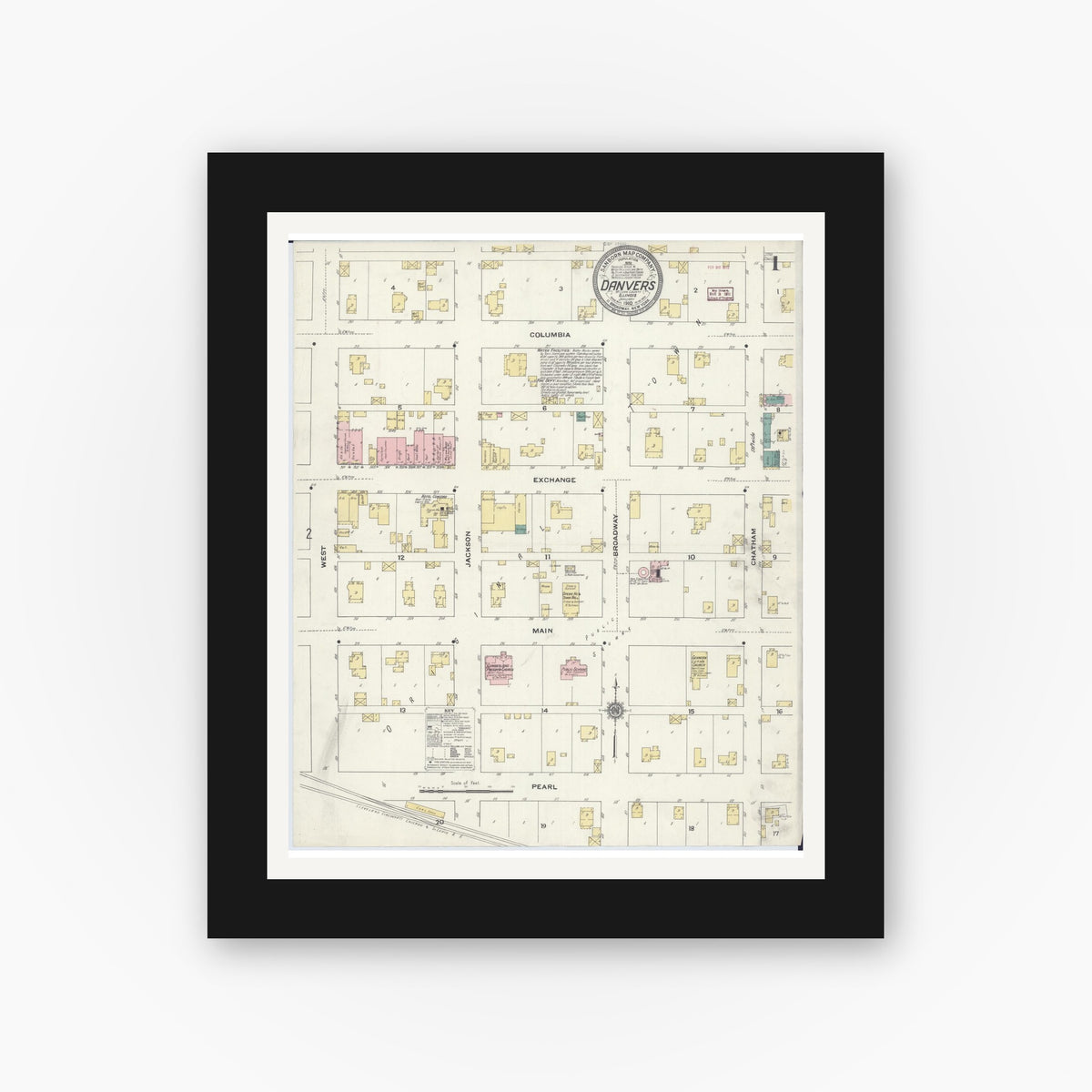 Old map wall art mockup — black gallery frame with white mat — Sanborn Fire Insurance Map from Danvers, McLean County, Illinois (1910), Sheet #0001