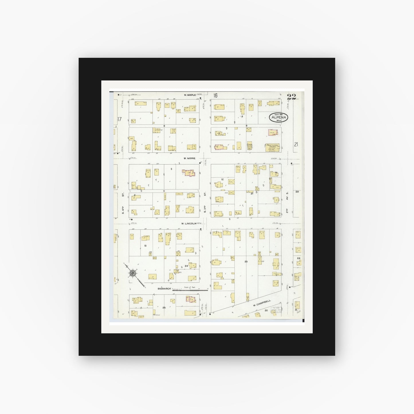 Old map wall art mockup — black gallery frame with white mat — Sanborn Fire Insurance Map from Alpena, Alpena County, Michigan (1910), Sheet #0022