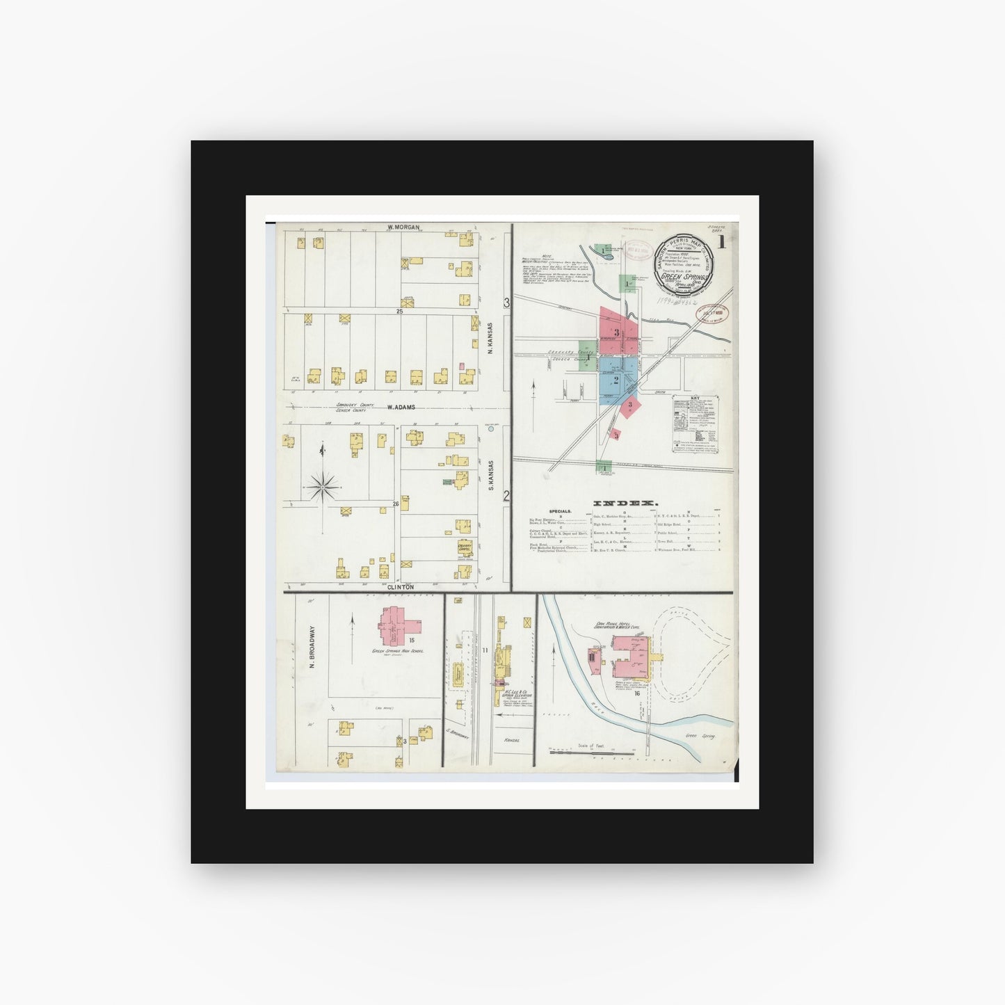 Old map wall art mockup — black gallery frame with white mat — Sanborn Fire Insurance Map from Green Springs, Sandusky And Seneca Counties, Ohio (1899) - Complete Map Set