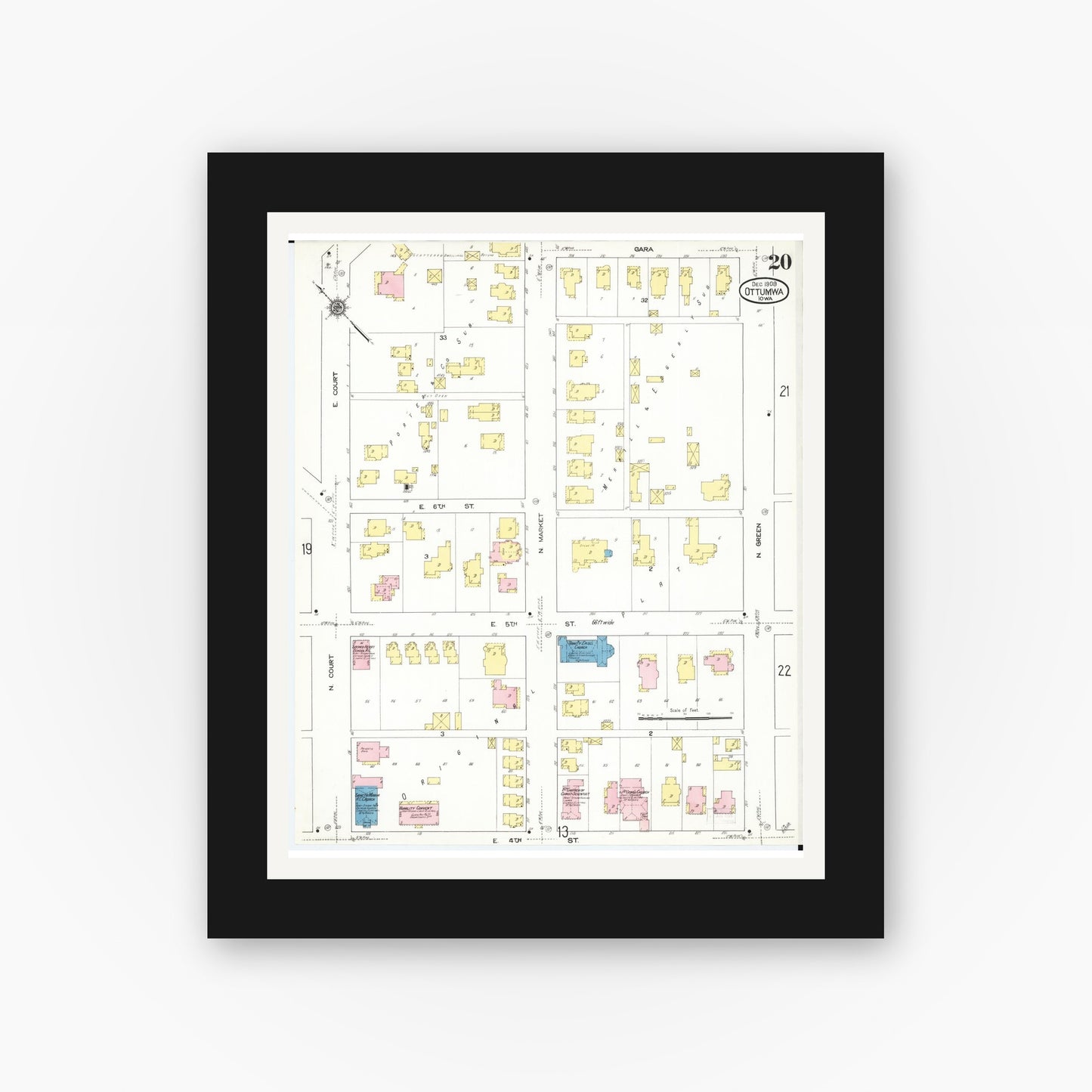Old map wall art mockup β black gallery frame with white mat β Sanborn Fire Insurance Map from Ottumwa, Wapello County, Iowa (1909), Sheet #0020