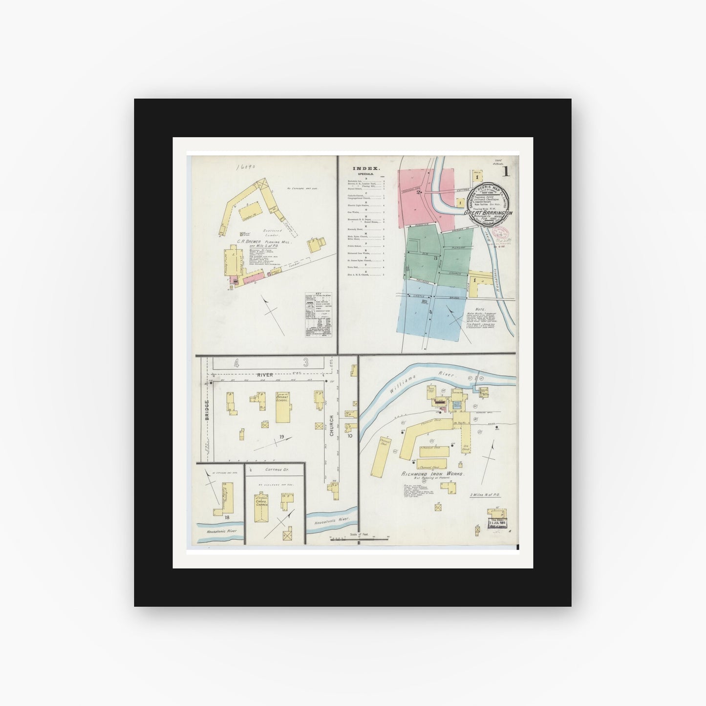 Old map wall art mockup — black gallery frame with white mat — Sanborn Fire Insurance Map from Great Barrington, Berkshire County, Massachusetts (1895) - Complete Map Set