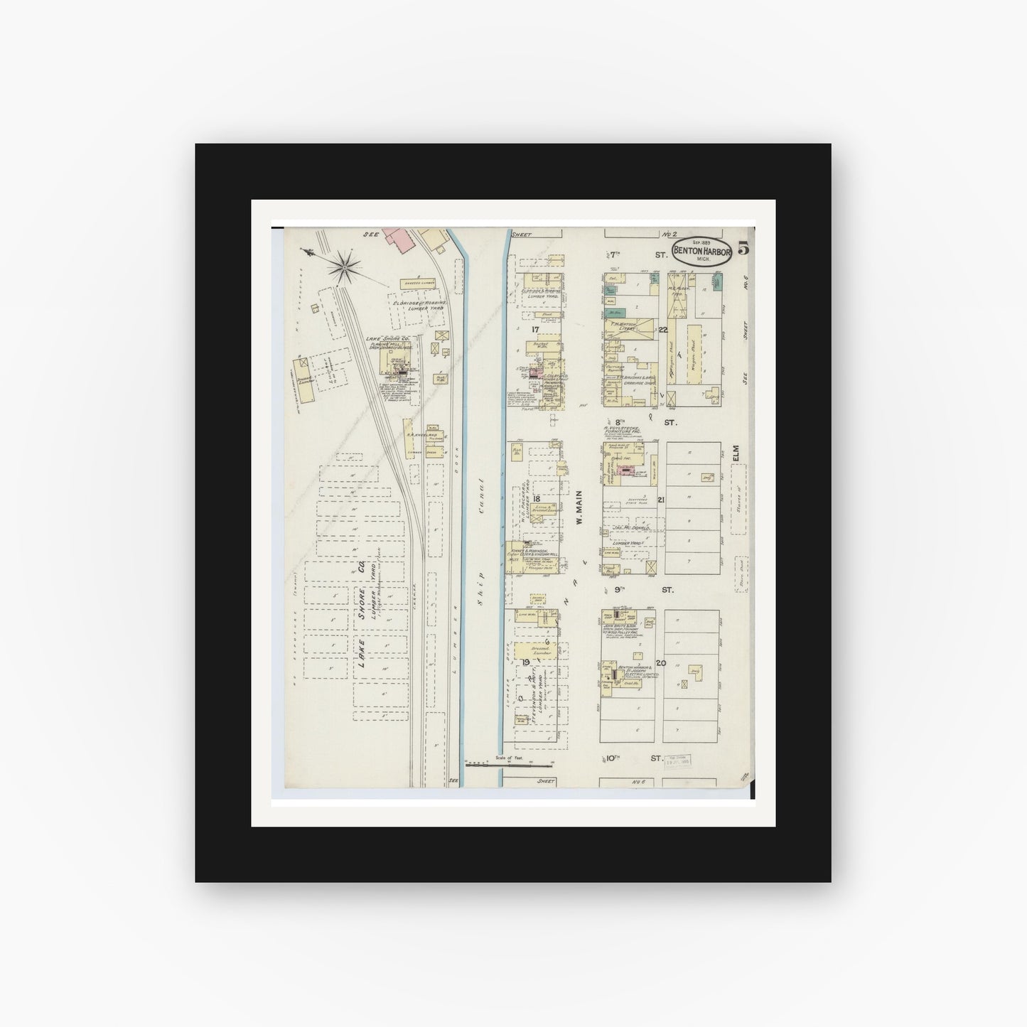 Old map wall art mockup — black gallery frame with white mat — Sanborn Fire Insurance Map from Benton Harbor, Berrien County, Michigan (1889), Sheet #0005