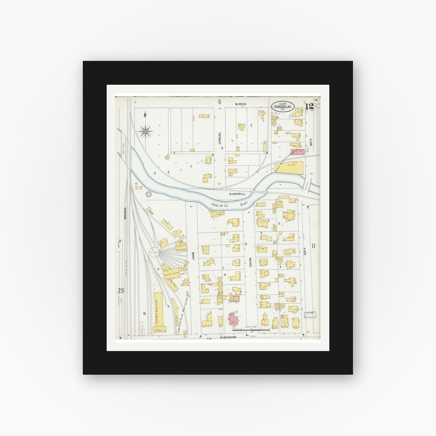 Old map wall art mockup — black gallery frame with white mat — Sanborn Fire Insurance Map from Fond du Lac, Fond du Lac County, Wisconsin (1902), Sheet #0012