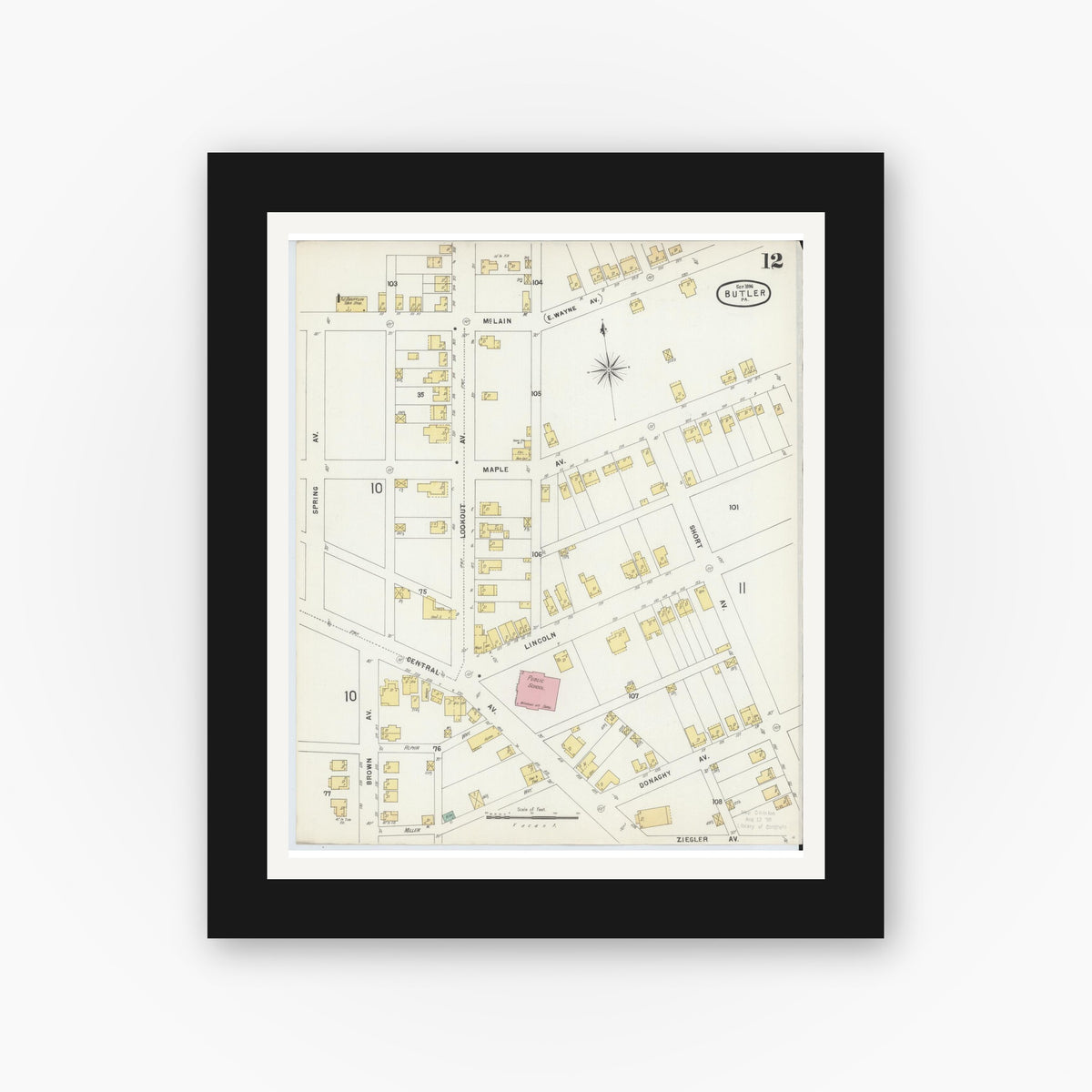 Old map wall art mockup β black gallery frame with white mat β Sanborn Fire Insurance Map from Butler, Butler County, Pennsylvania (1896), Sheet #0012