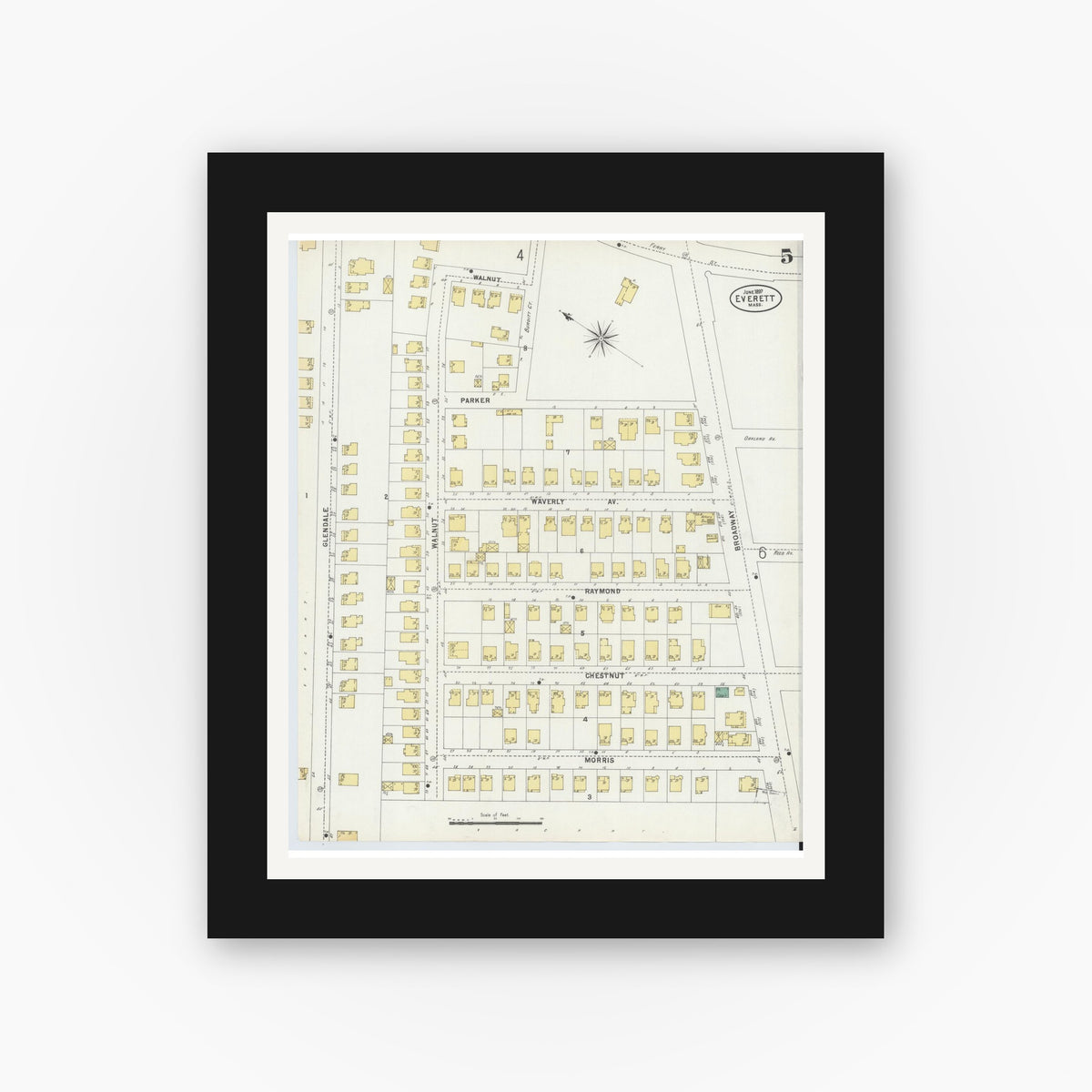 Old map wall art mockup — black gallery frame with white mat — Sanborn Fire Insurance Map from Everett, Middlesex County, Massachusetts (1897), Sheet #0005