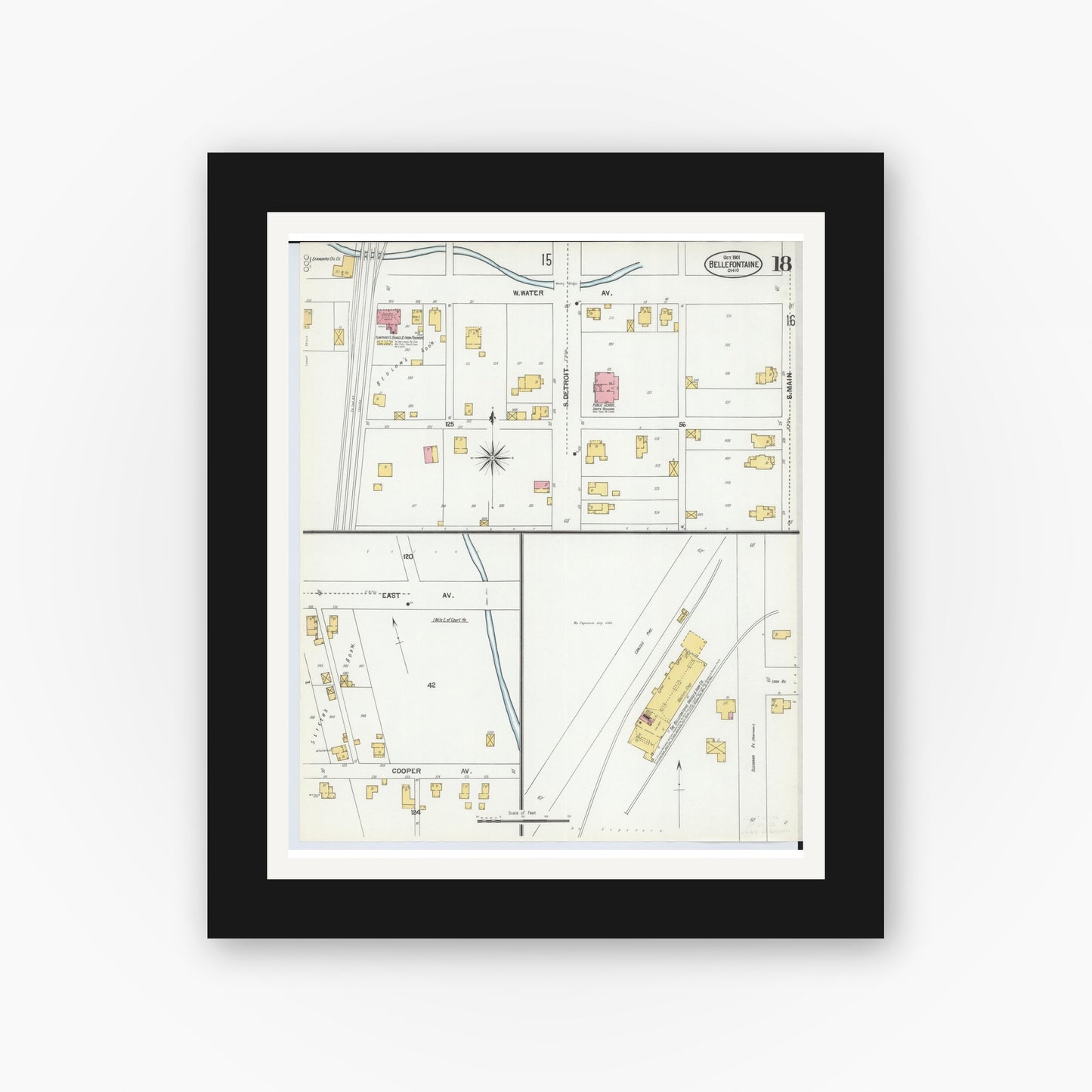 Old map wall art mockup — black gallery frame with white mat — Sanborn Fire Insurance Map from Bellefontaine, Logan County, Ohio (1901), Sheet #0018