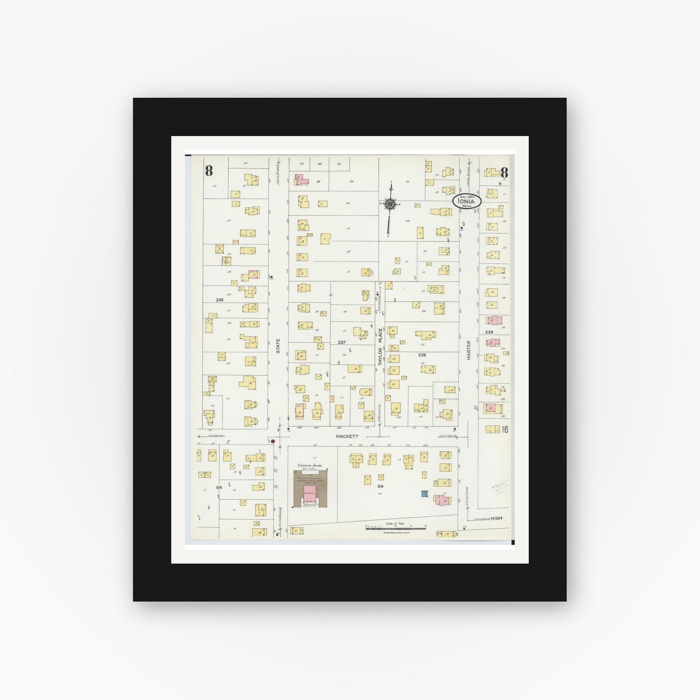 Old map wall art mockup — black gallery frame with white mat — Sanborn Fire Insurance Map from Ionia, Ionia County, Michigan (1924), Sheet #0008