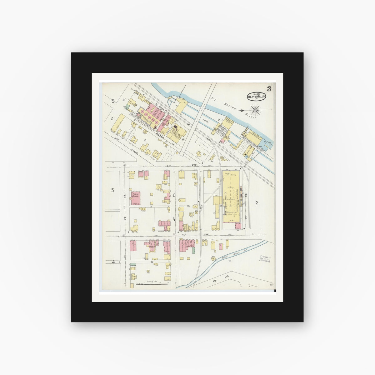 Old map wall art mockup — black gallery frame with white mat — Sanborn Fire Insurance Map from Beaver Falls, Beaver County, Pennsylvania (1896), Sheet #0003