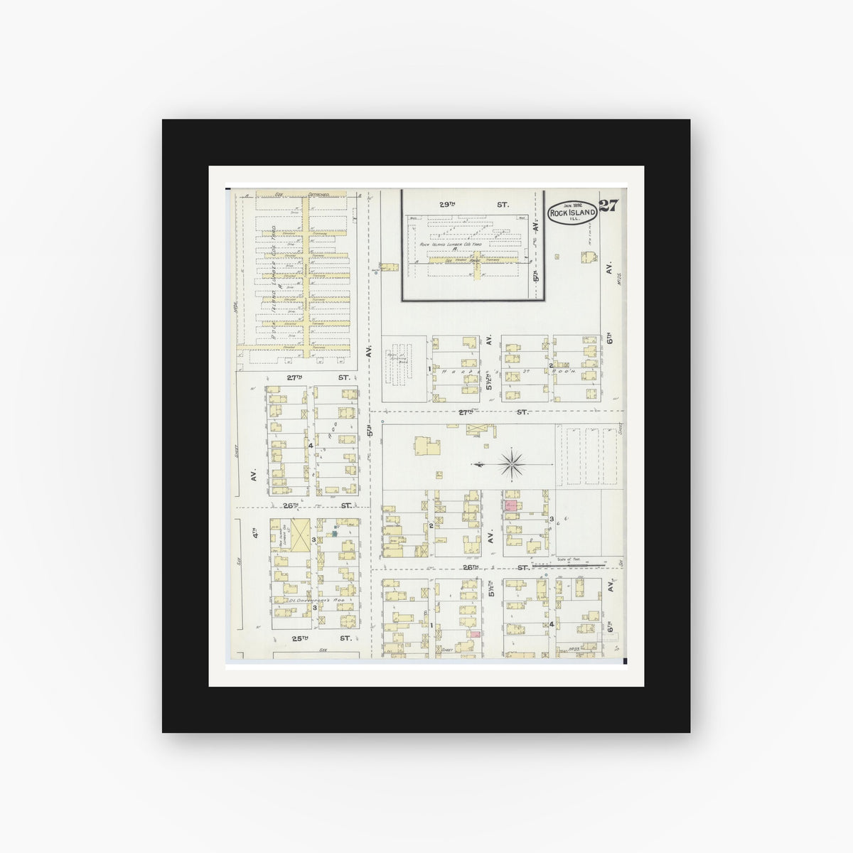 Old map wall art mockup — black gallery frame with white mat — Sanborn Fire Insurance Map from Rock Island, Rock Island County, Illinois (1892), Sheet #0027