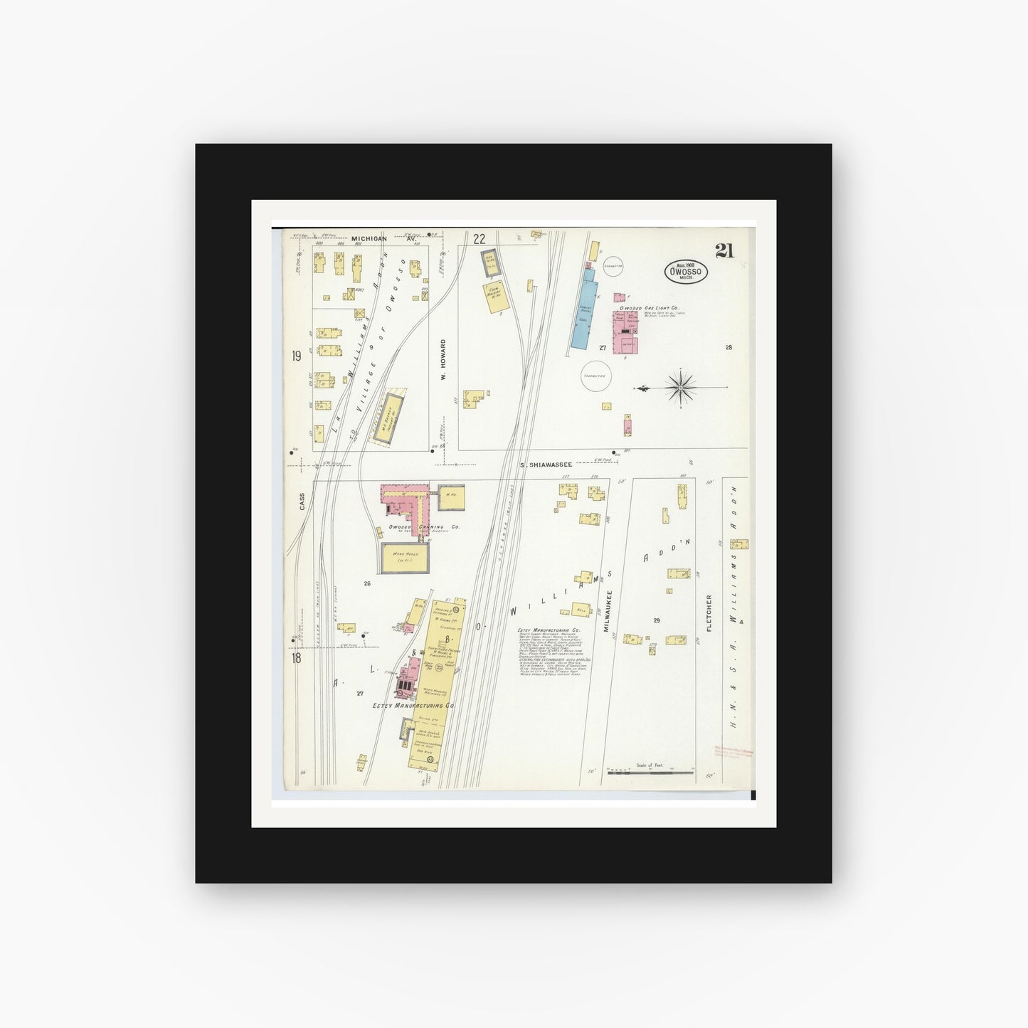 Old map wall art mockup — black gallery frame with white mat — Sanborn Fire Insurance Map from Owosso, Shiawassee County, Michigan (1908), Sheet #0021