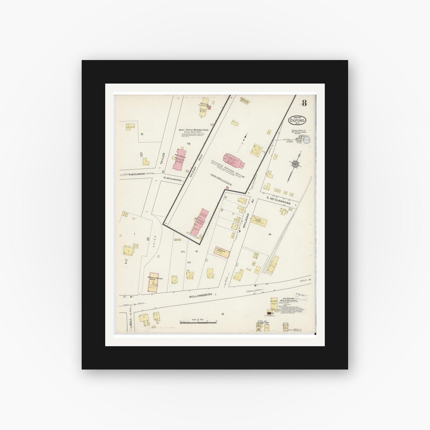 Old map wall art mockup — black gallery frame with white mat — Sanborn Fire Insurance Map from Oxford, Granville County, North Carolina (1915), Sheet #0008
