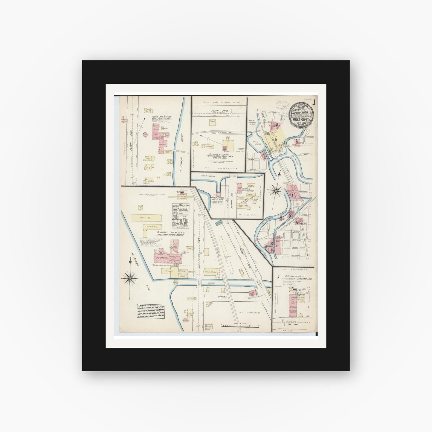Old map wall art mockup — black gallery frame with white mat — Sanborn Fire Insurance Map from Three Rivers, Saint Joseph County, Michigan (1884), Sheet #0001