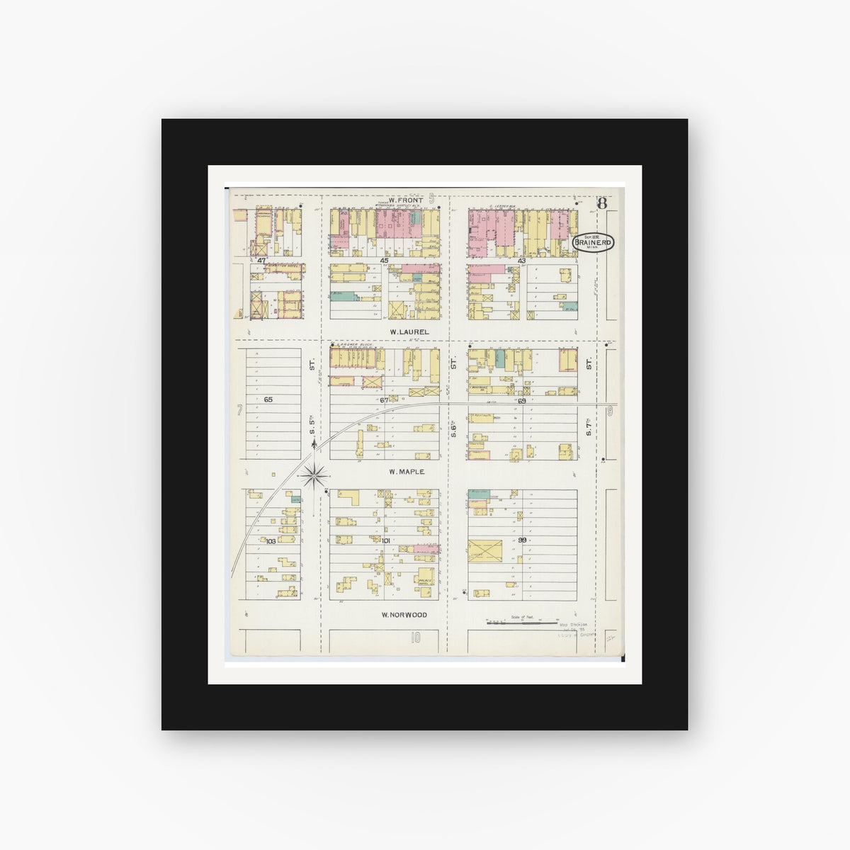 Old map wall art mockup — black gallery frame with white mat — Sanborn Fire Insurance Map from Brainerd, Crow Wing County, Minnesota (1892), Sheet #0008