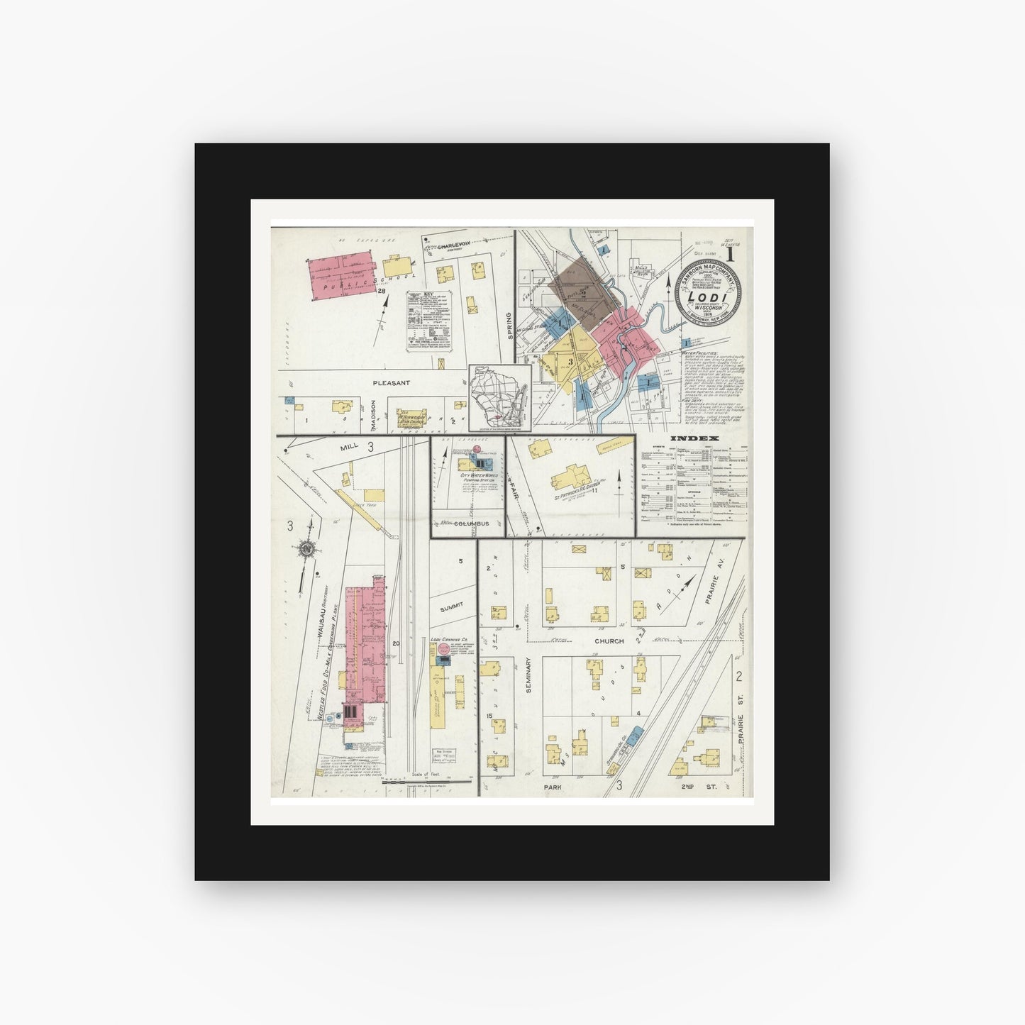 Old map wall art mockup — black gallery frame with white mat — Sanborn Fire Insurance Map from Lodi, Columbia County, Wisconsin (1919) - Complete Map Set