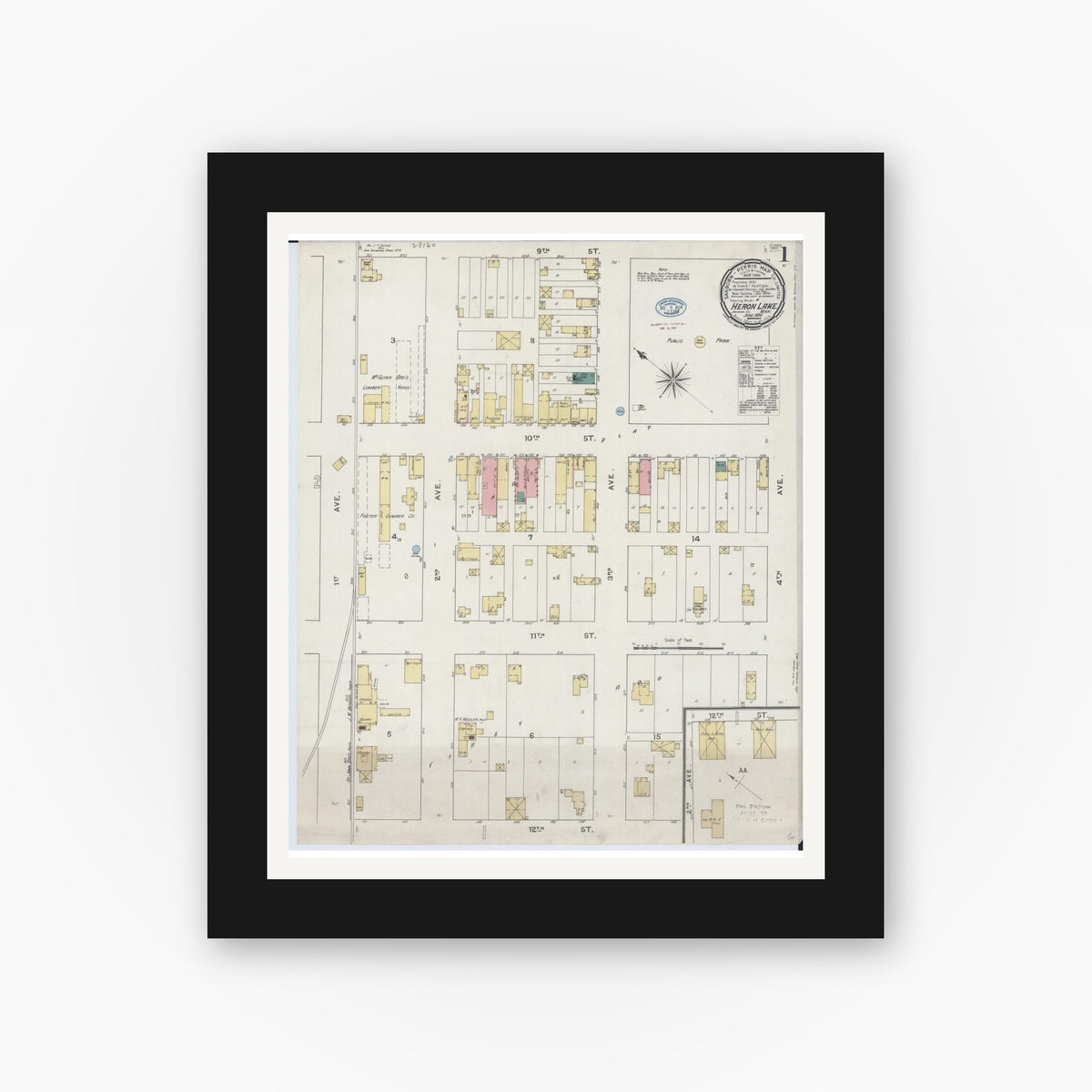 Old map wall art mockup — black gallery frame with white mat — Sanborn Fire Insurance Map from Heron Lake, Jackson County, Minnesota (1894), Sheet #0001