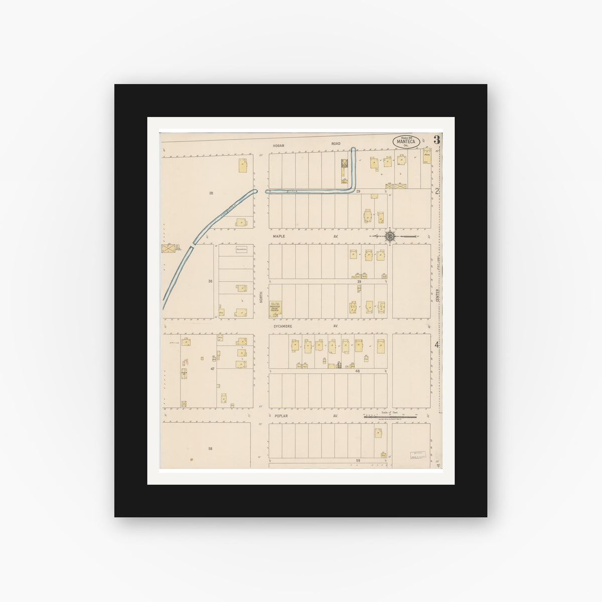 Old map wall art mockup — black gallery frame with white mat — Sanborn Fire Insurance Map from Manteca, San Joaquin County, California (1918), Sheet #0003