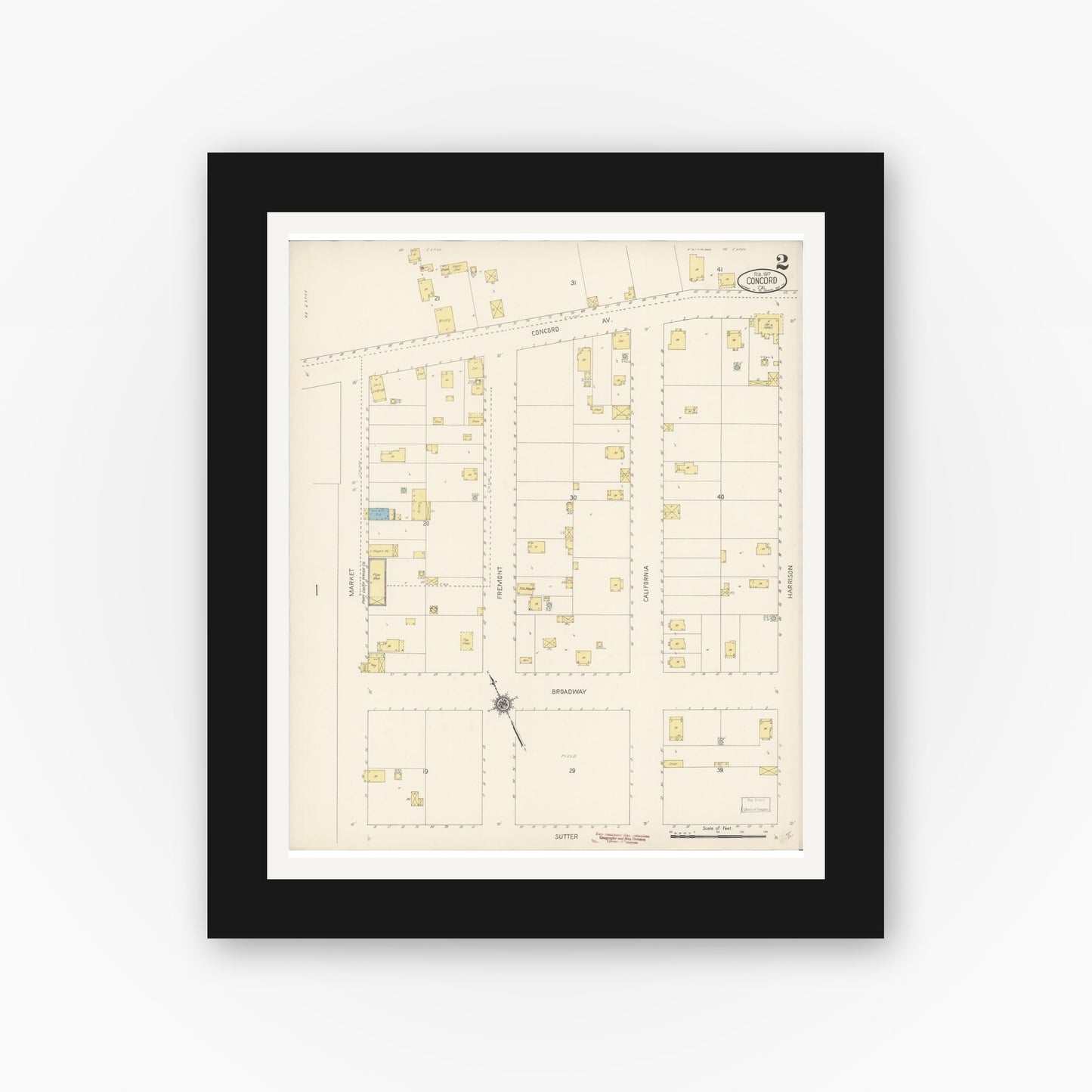 Old map wall art mockup — black gallery frame with white mat — Sanborn Fire Insurance Map from Concord, Contra Costa County, California (1917), Sheet #0002