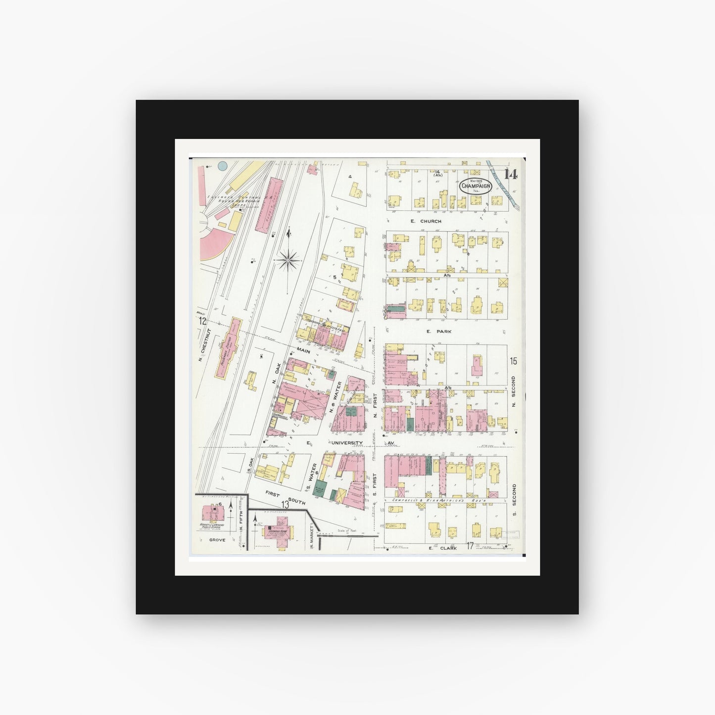 Old map wall art mockup — black gallery frame with white mat — Sanborn Fire Insurance Map from Champaign, Champaign County, Illinois (1909), Sheet #0014