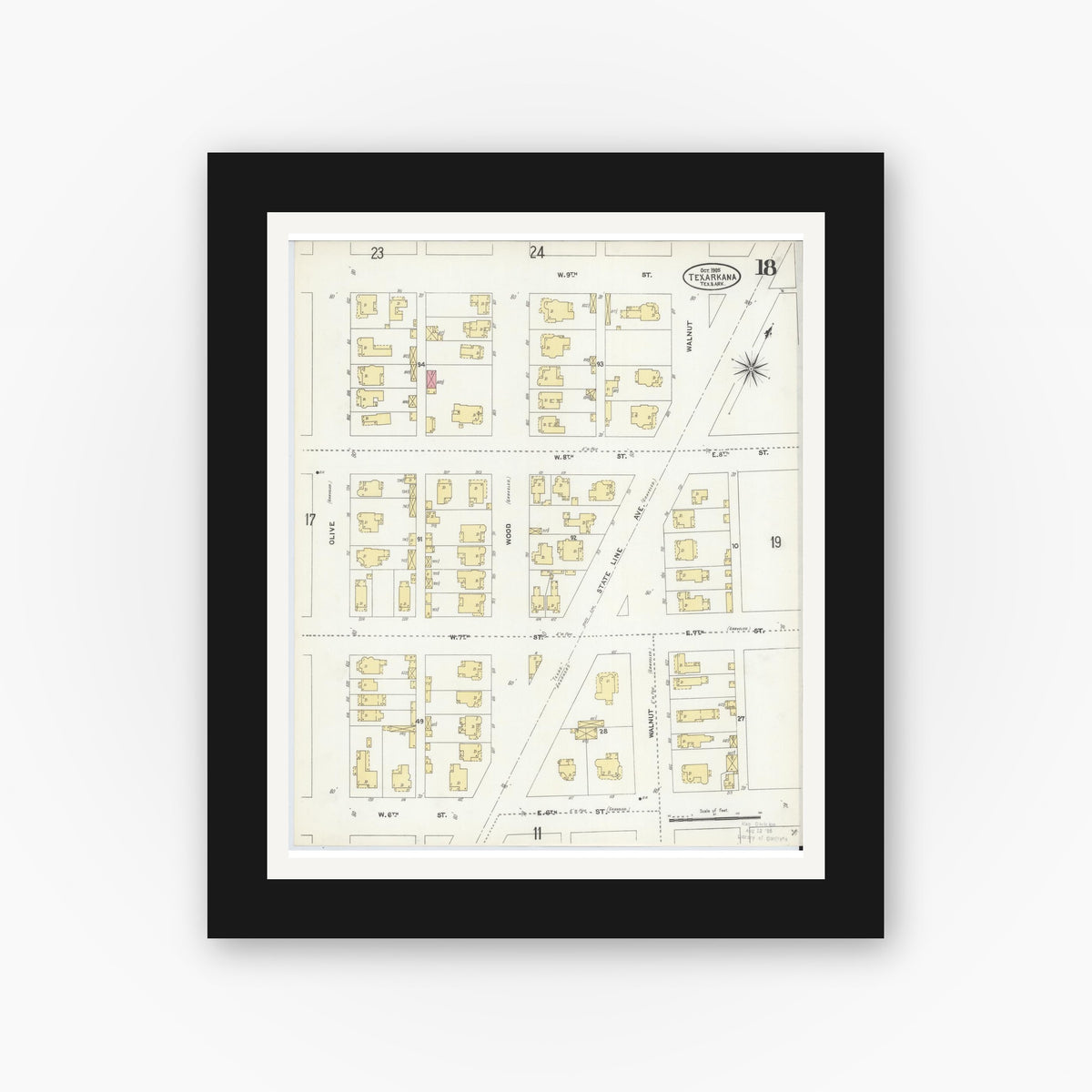 Old map wall art mockup — black gallery frame with white mat — Sanborn Fire Insurance Map from Texarkana, Bowie County, Texas (1905), Sheet #0018