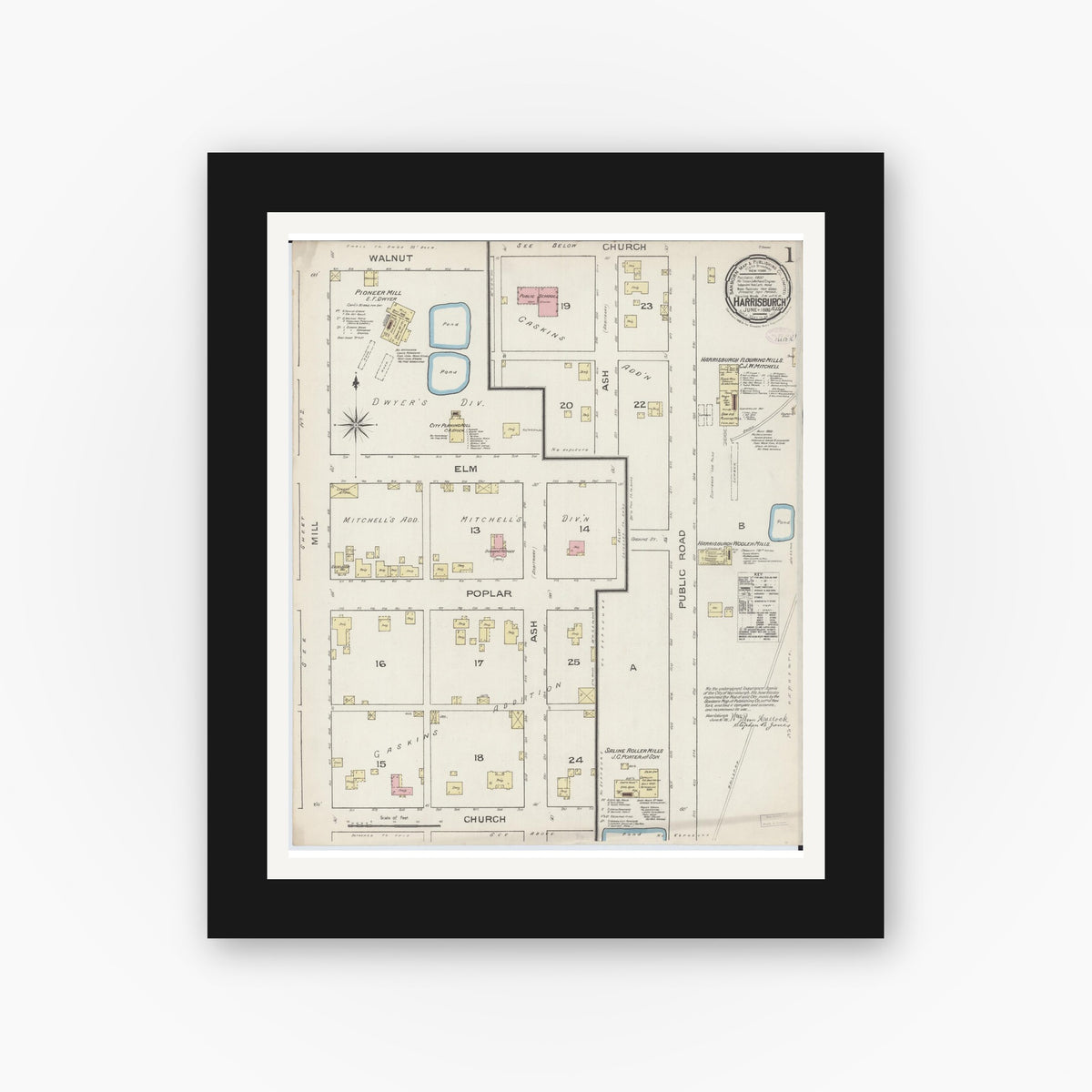 Old map wall art mockup — black gallery frame with white mat — Sanborn Fire Insurance Map from Harrisburg, Saline County, Illinois (1886) - Complete Map Set