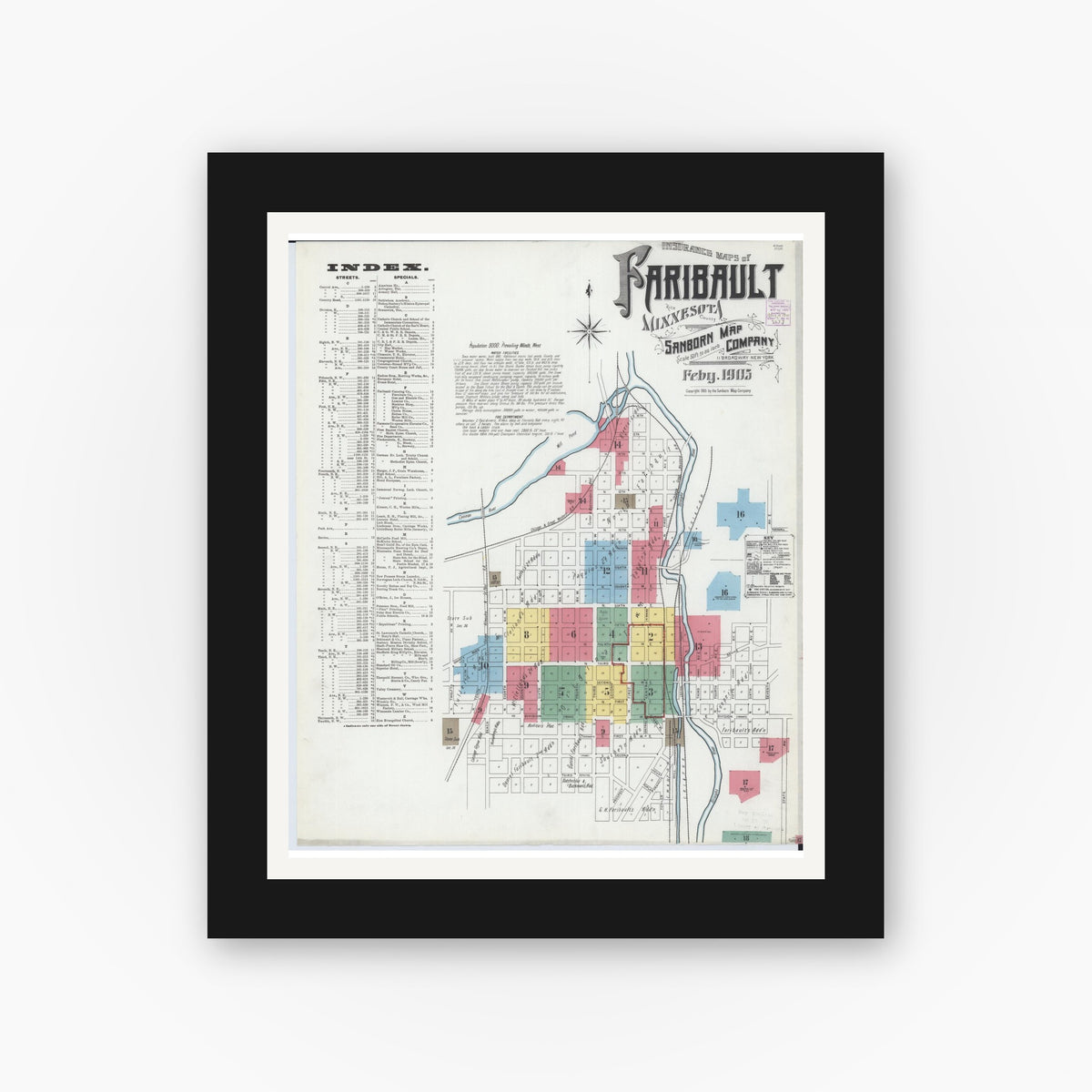 Old map wall art mockup — black gallery frame with white mat — Sanborn Fire Insurance Map from Faribault, Rice County, Minnesota (1905) - Complete Map Set