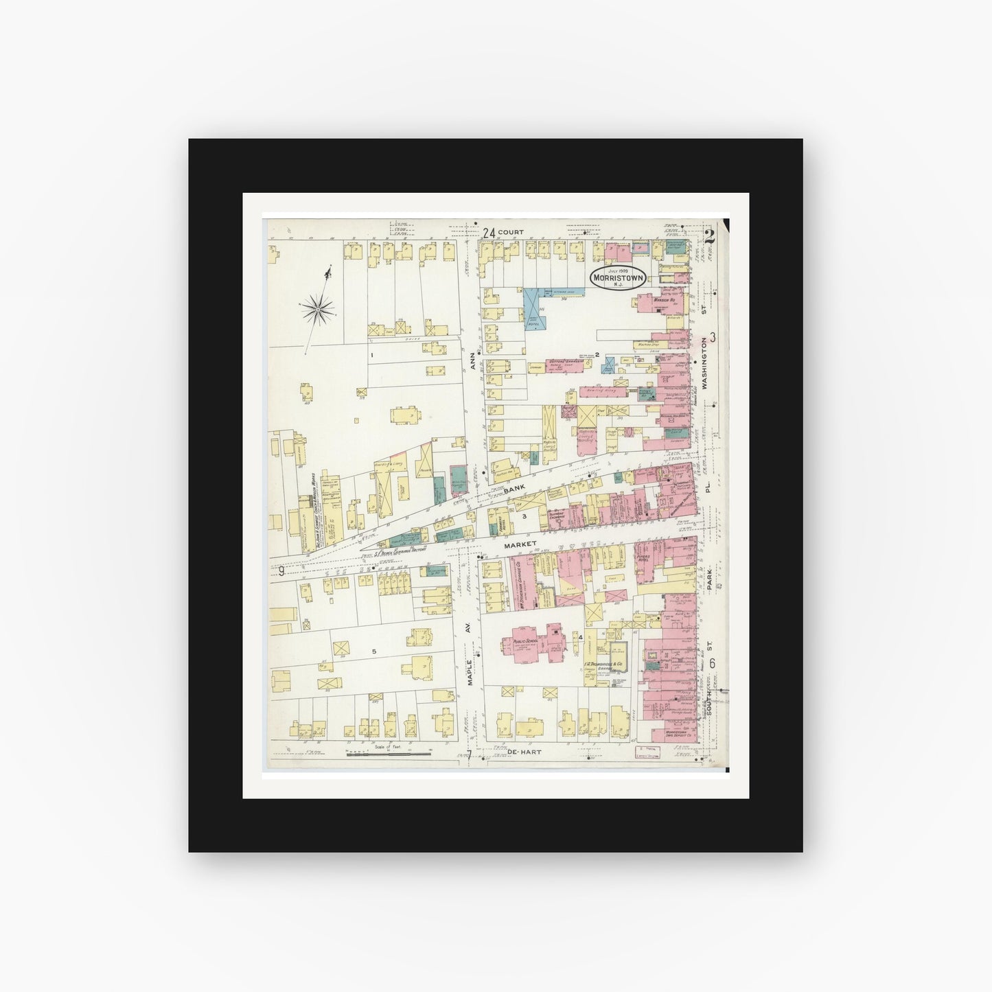 Old map wall art mockup — black gallery frame with white mat — Sanborn Fire Insurance Map from Morristown, Morris County, New Jersey (1909) - Complete Map Set