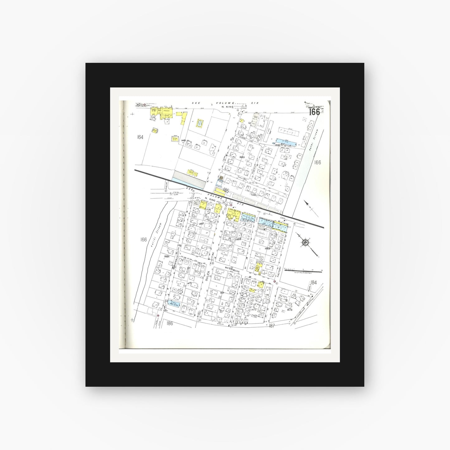 Old map wall art mockup — black gallery frame with white mat — Sanborn Fire Insurance Map from Honolulu, Oahu County, Hawaii (1955), Sheet #0166