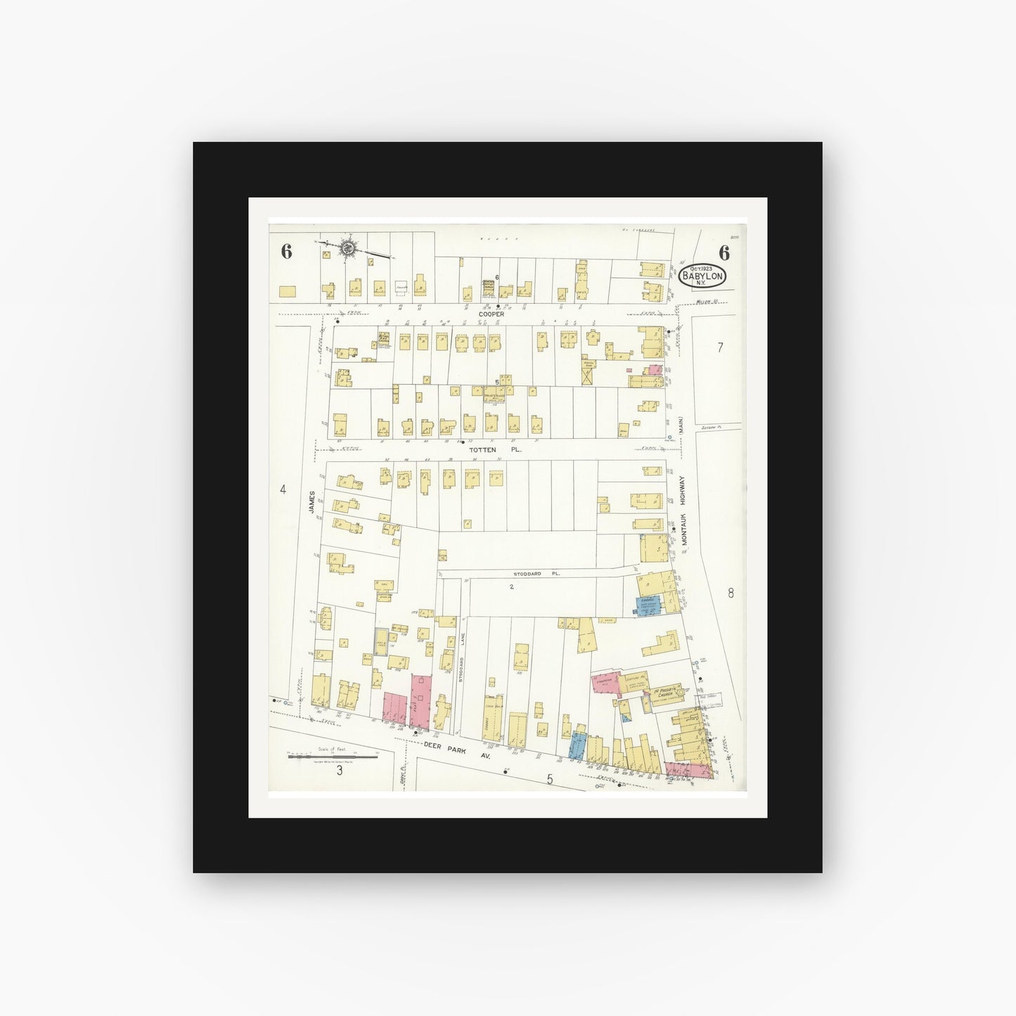 Old map wall art mockup — black gallery frame with white mat — Sanborn Fire Insurance Map from Babylon, Suffolk County, New York (1923), Sheet #0006