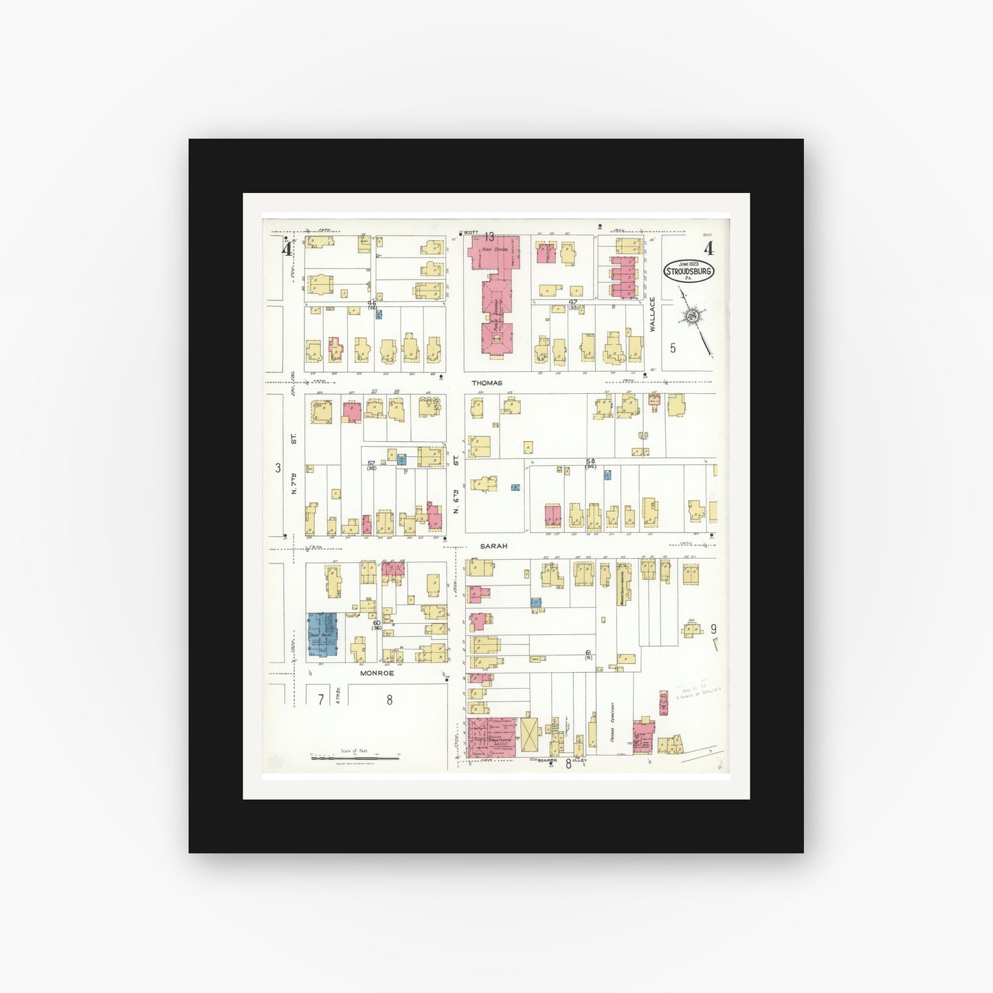 Old map wall art mockup — black gallery frame with white mat — Sanborn Fire Insurance Map from Stroudsburg, Monroe County, Pennsylvania (1923), Sheet #0004