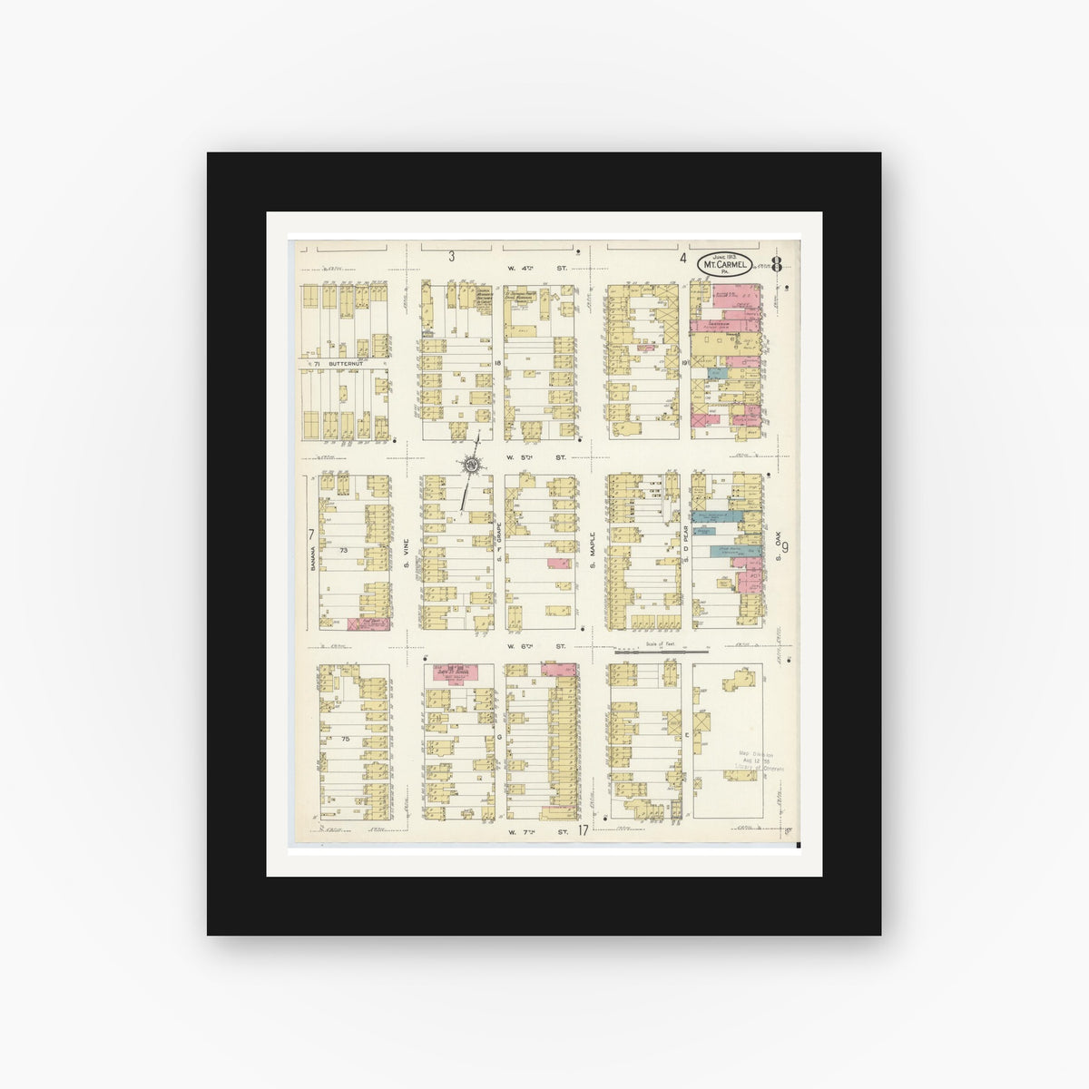 Old map wall art mockup — black gallery frame with white mat — Sanborn Fire Insurance Map from Mount Carmel, Northumberland County, Pennsylvania (1913), Sheet #0008