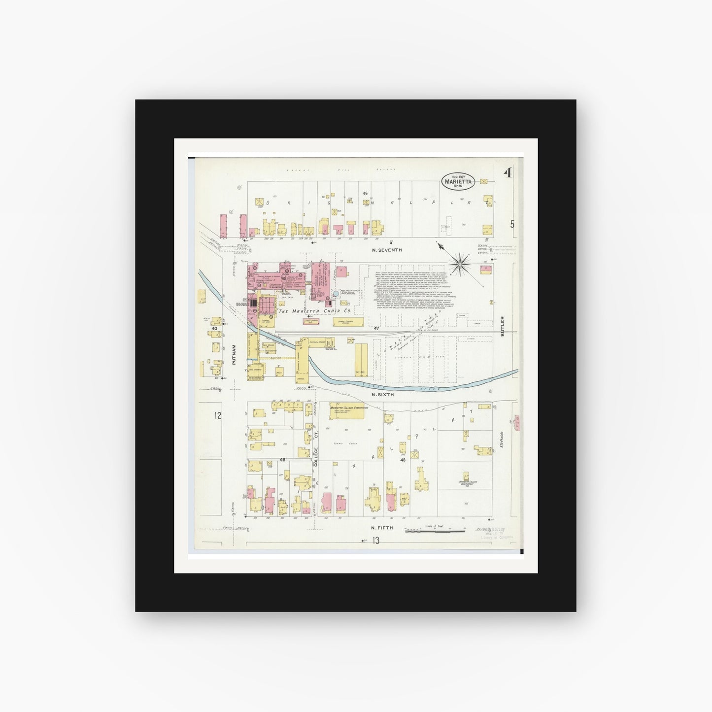 Old map wall art mockup — black gallery frame with white mat — Sanborn Fire Insurance Map from Marietta, Washington County, Ohio (1907), Sheet #0004
