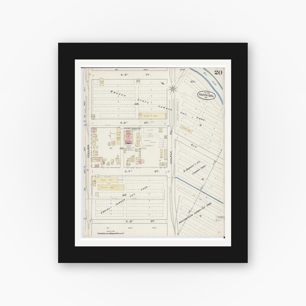Old map wall art mockup — black gallery frame with white mat — Sanborn Fire Insurance Map from Hannibal, Marion County, Missouri (1885), Sheet #0020