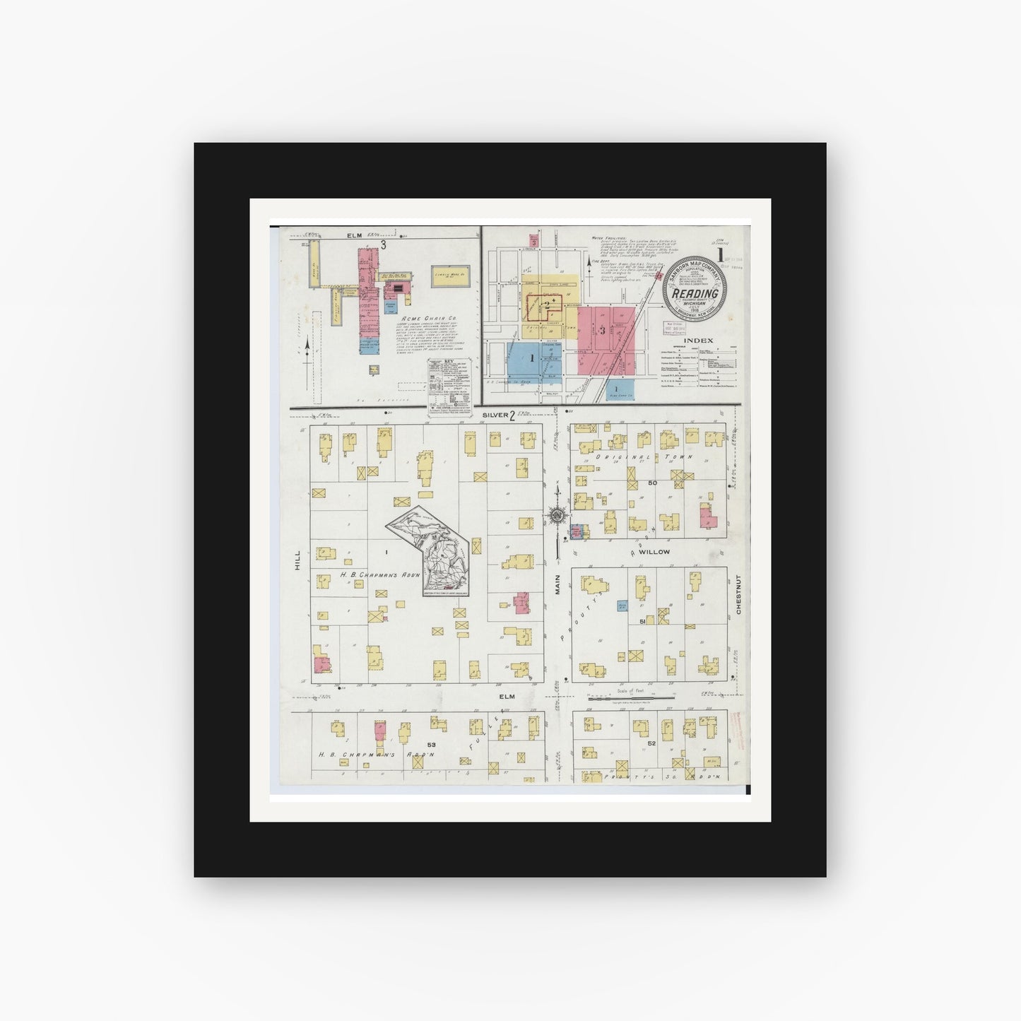 Old map wall art mockup β black gallery frame with white mat β Sanborn Fire Insurance Map from Reading, Hillsdale County, Michigan (1918) - Complete Map Set